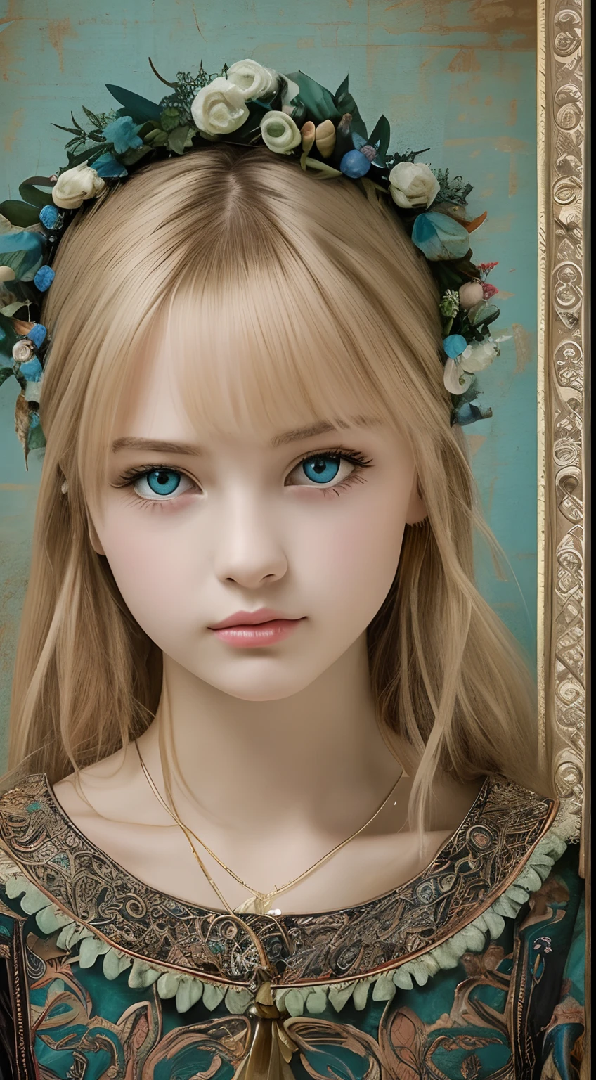 (Pure color: 0.9), (Color: 1.1), (Masterpiece: 1,2), Best quality, Masterpiece, high resolution, Original, highly detailed wallpaper, Beauty, baroque period, dress, Sad, Small face、teens girl、Real Human、Authentic、blond、Blue eyes、Foreigner、Old photos、Melancholy、Dark Department