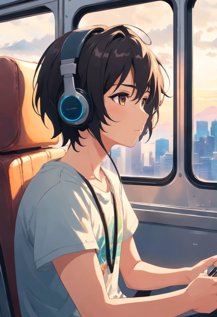 homem com cabelo preto, usando fones de ouvido, sitting on the bus, virado para a frente, Vestindo camiseta branca