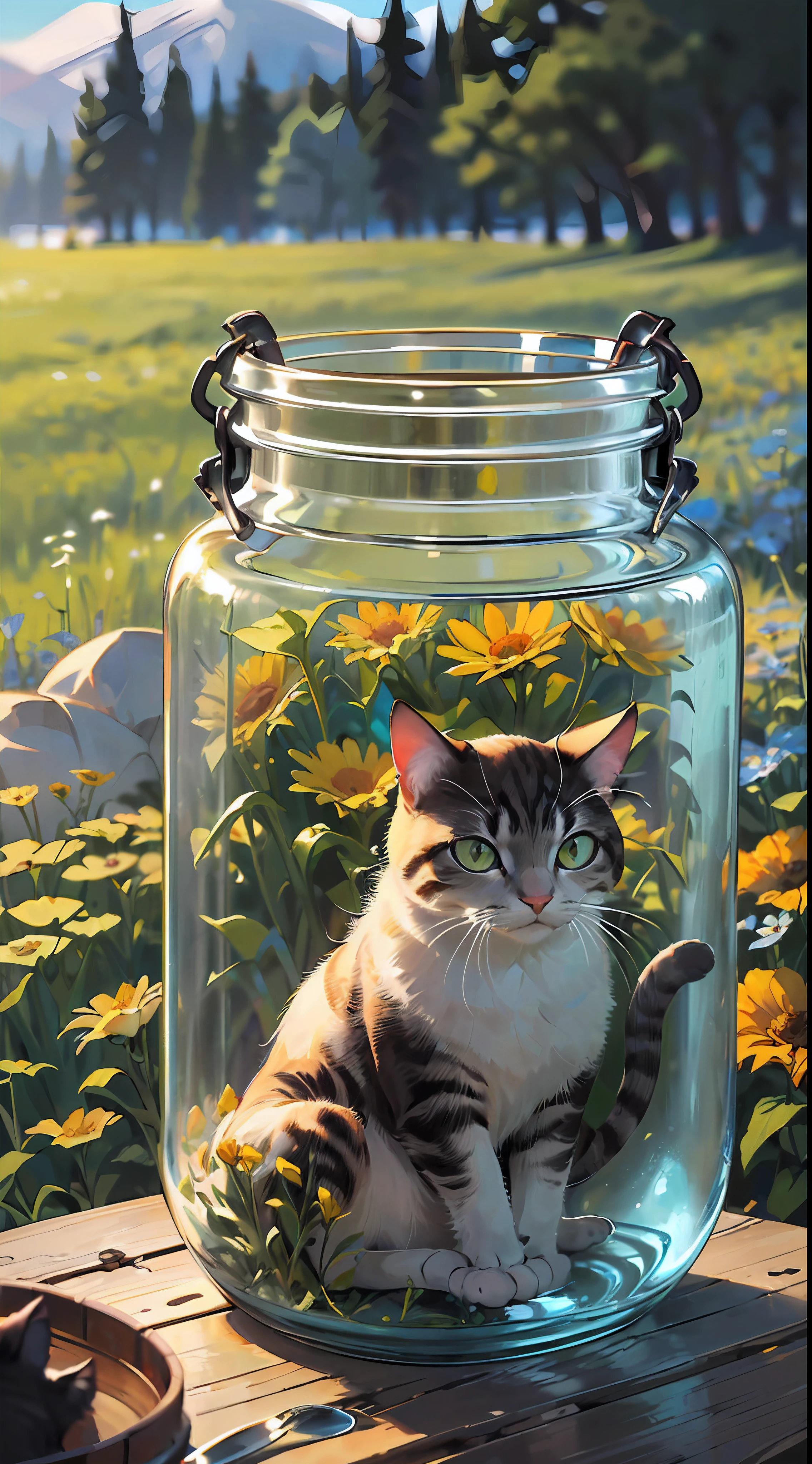 (empty glass container in jar shape with flower meadow inside:1.3) ,[(( 1girl:1.4) with white hair in blue dress is  sitting on flower meadow):0.3], masterpiece, best quality, highly detailed,Middle Little dickey,(cat looking at the jar:1.3)