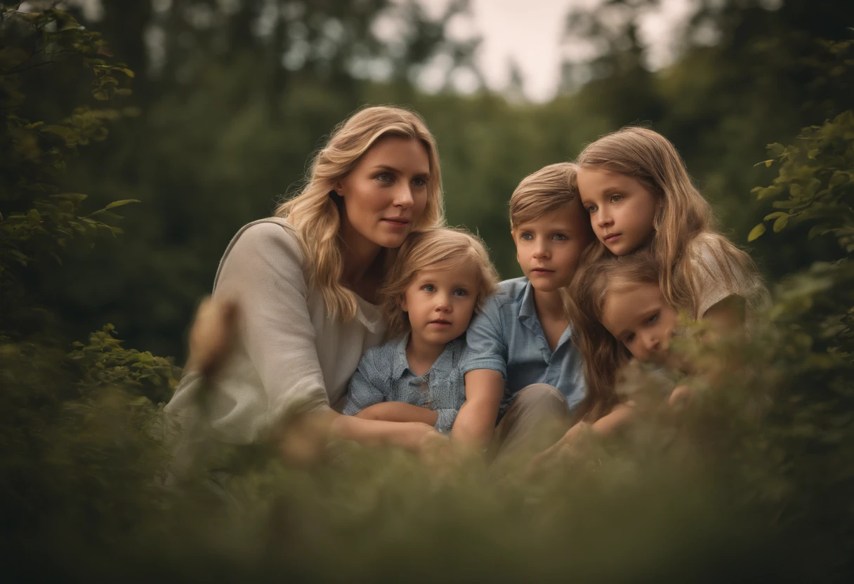 FATHER, MOTHER AND CHILDREN IN NATURE, intricate details, HDR, beautifully shot, realistic, sharp focus, 64 megapixels, perfect composition, high contrast, cinematic, 8K, CAUCASIAN, GOLDEN HAIR, BLUE EYES, FAMILY