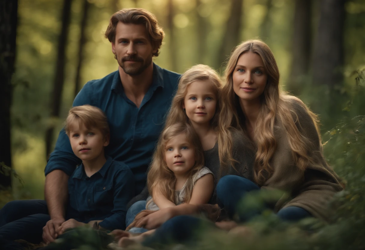 FATHER, MOTHER AND CHILDREN IN NATURE, intricate details, HDR, beautifully shot, realistic, sharp focus, 64 megapixels, perfect composition, high contrast, cinematic, 8K, CAUCASIAN, GOLDEN HAIR, BLUE EYES, FAMILY