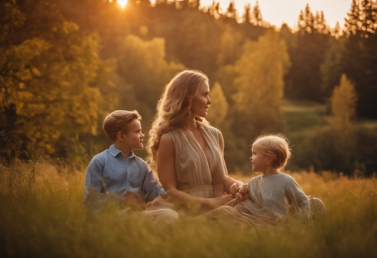 FATHER, MOTHER AND CHILDREN IN NATURE, intricate details, HDR, beautifully shot, realistic, sharp focus, 64 megapixels, perfect composition, high contrast, cinematic, 8K, CAUCASIAN, GOLDEN HAIR, BLUE EYES, FAMILY