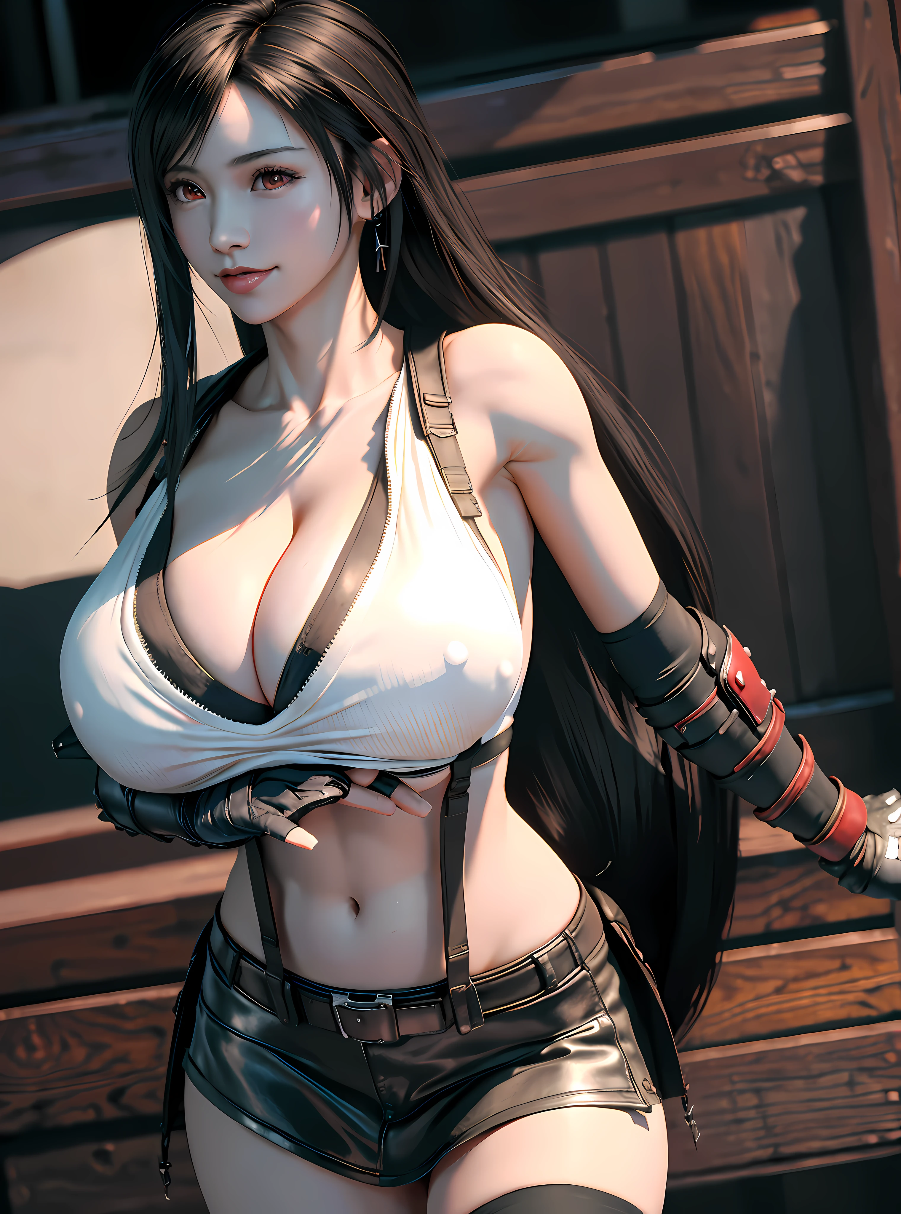 (8k, best quality, masterpiece:1.2), (realistic, photo-realistic:1.37), standing, legs apart, spreading legs, (wide stance), ultra-detailed, 1 girl,cute, solo, (tifa lockhart), (huge breasts:1.5), (beautiful detailed eyes), (smile:1.2), (closed mouth), sharp focus, depth of field, good composition, Final Fantasy VII, black hair, very long straight hair, hair bang, ((red_eyes)), intricate, bokeh, perfect breasts, (topless:1.5) suspenders, stockings, lace gloves, toned body, athletic, wide hips, thin waist, toned arms, exposed abdomen, (view from side) (Insanely huge gigantic breasts, ginormous breasts:1.6)