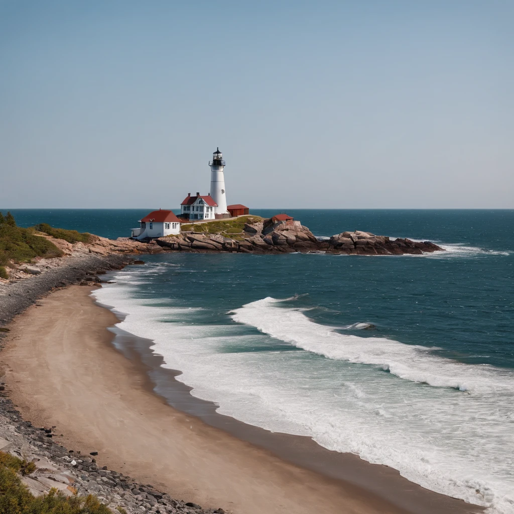beautiful cruise ship sailing the shore of maine, lighthouse on shore
