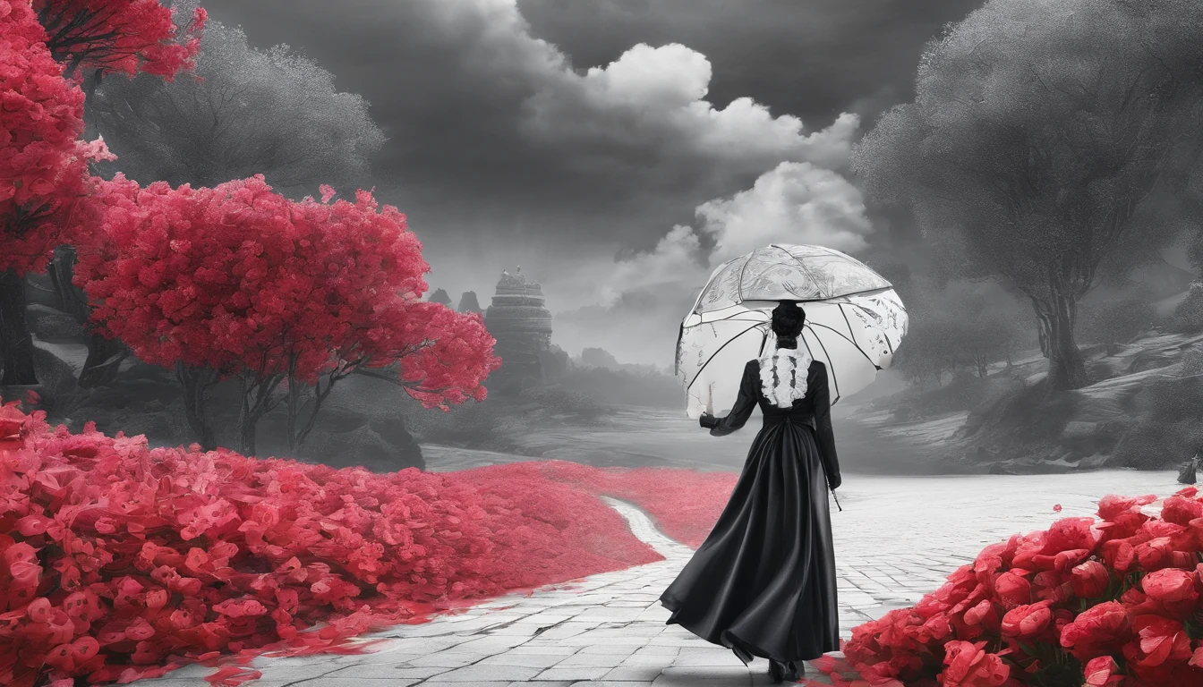 A maid in a black and white Gothic maid costume walks down the path,She was surrounded by a sea of red flowers,She held an umbrella,Back shadow,It shows visual impact,It makes people feel hopeless and lonely,The sky was filled with gray mist,Two-dimensional style