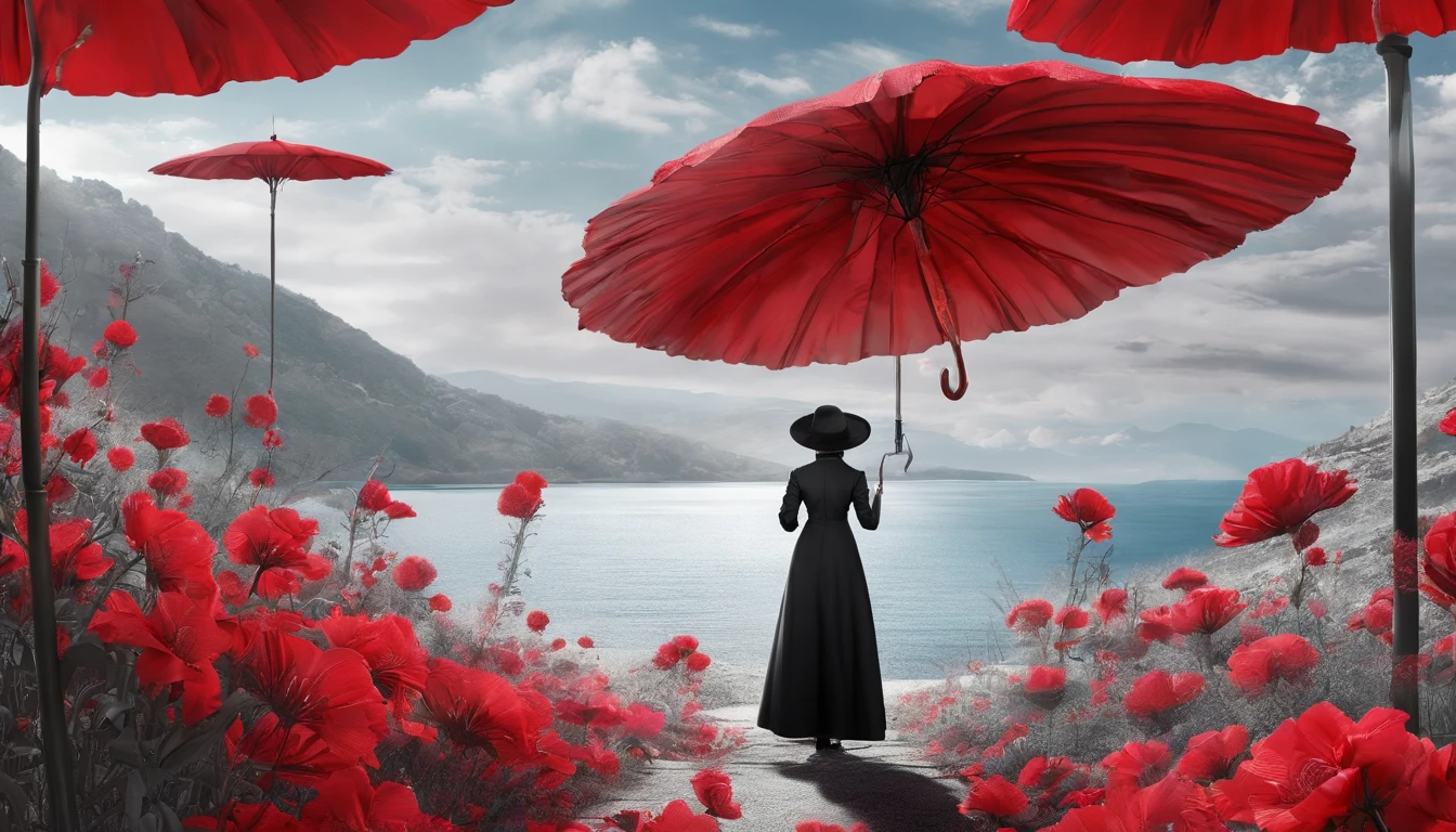 A maid in a black and white Gothic maid costume walks down the path,She was surrounded by a sea of red flowers,She held an umbrella,Back shadow,It shows visual impact,It makes people feel hopeless and lonely,The sky was filled with gray mist,Two-dimensional style