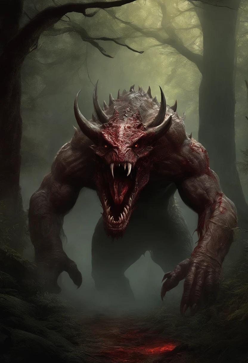 a demonic creature with a bloodied face and a bloodied head, carnage, Sci - Horror Art of Fiction, Science fiction horror artwork, inspired by Aleksi Briclot, Crocs de carnage, Horror fantasy art, par Aleksi Briclot, Horror concept art, venin, Art fantastique et horreur, Detailed illustration of 4K horror, Demonic creature, Dark Fantasy Horror Art, in woods, fangs