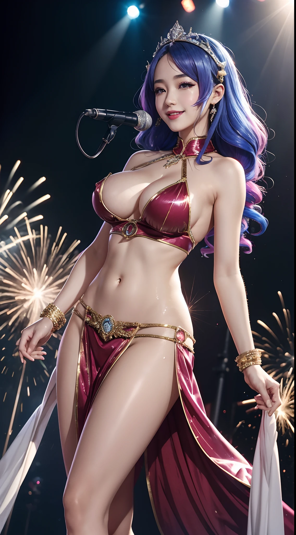 NSFW, 20s voice actor idol、Flashy and luxurious costumes made of transparent vinyl│(Reveal but complete clothes)、top-quality、masutepiece、Angle of incitement、Super detailed cute face、Random colored hair、Liven up the audience with a smile、dance、Super big breasts、big breasts thin waist、BREAK(Nipple slip:0.6, up skirt、Beautiful animated skin shining with sweat)、heavy wind、stage、Stage fireworks、Laser Renditions、Stage lighting、lensflare、Perfect Live Photos