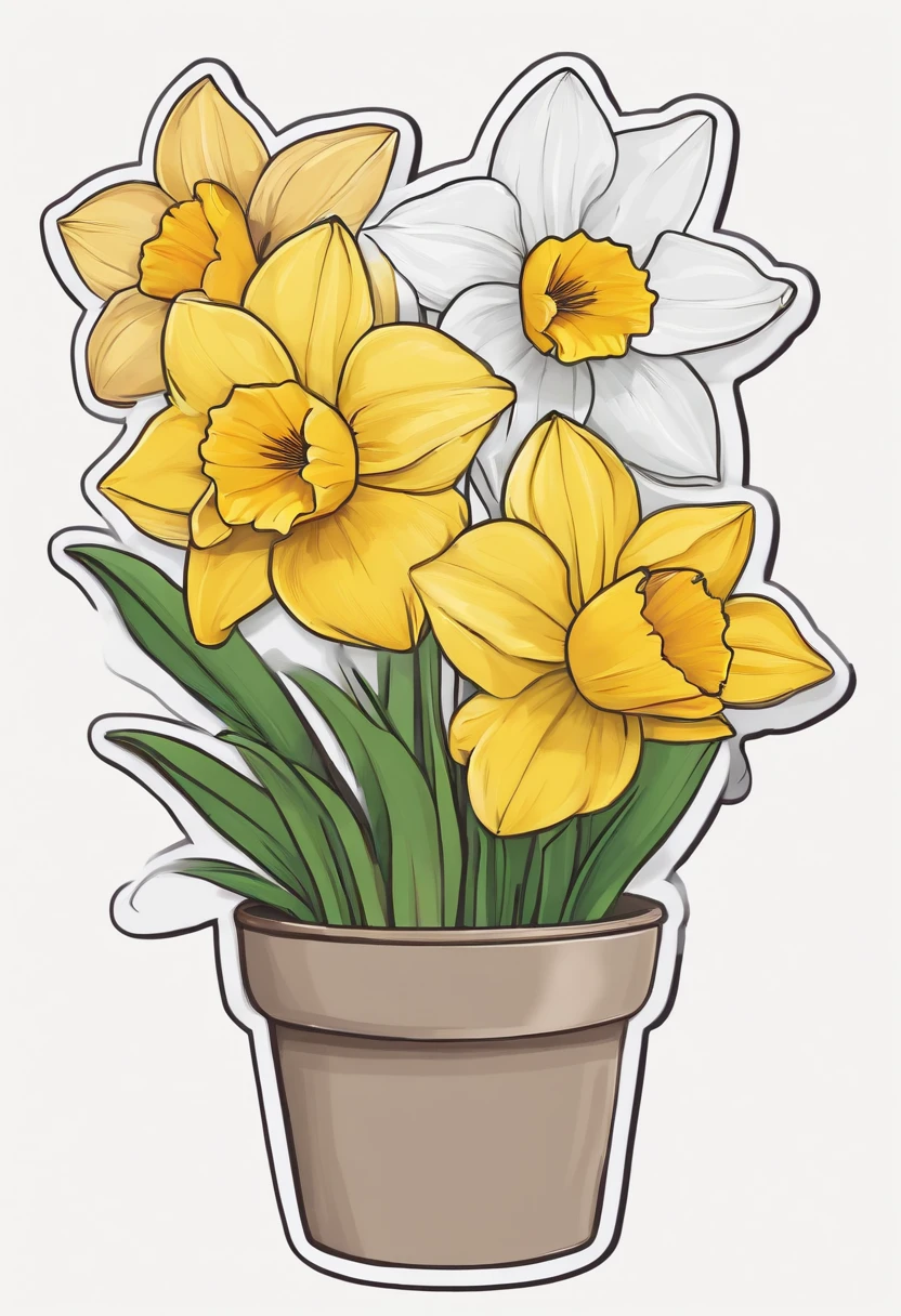 Sticker kawaii, Flower pot daffodils, Drawing is simple, white backgrounid, Sticker drawing for children from 3 to 6 years old,The elements are separated，There is a blank space in the middle