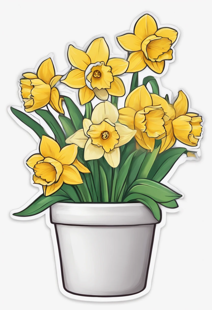 Sticker kawaii, Flower pot daffodils, Drawing is simple, white backgrounid, Sticker drawing for children from 3 to 6 years old,The elements are separated,There is a blank space in the middle
