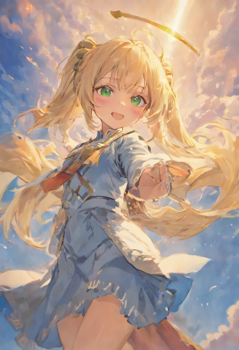 1female, adult, blond hair, green eyes, twin-tail, medium straight hair, smile, knightly style, blue sky, white cloud