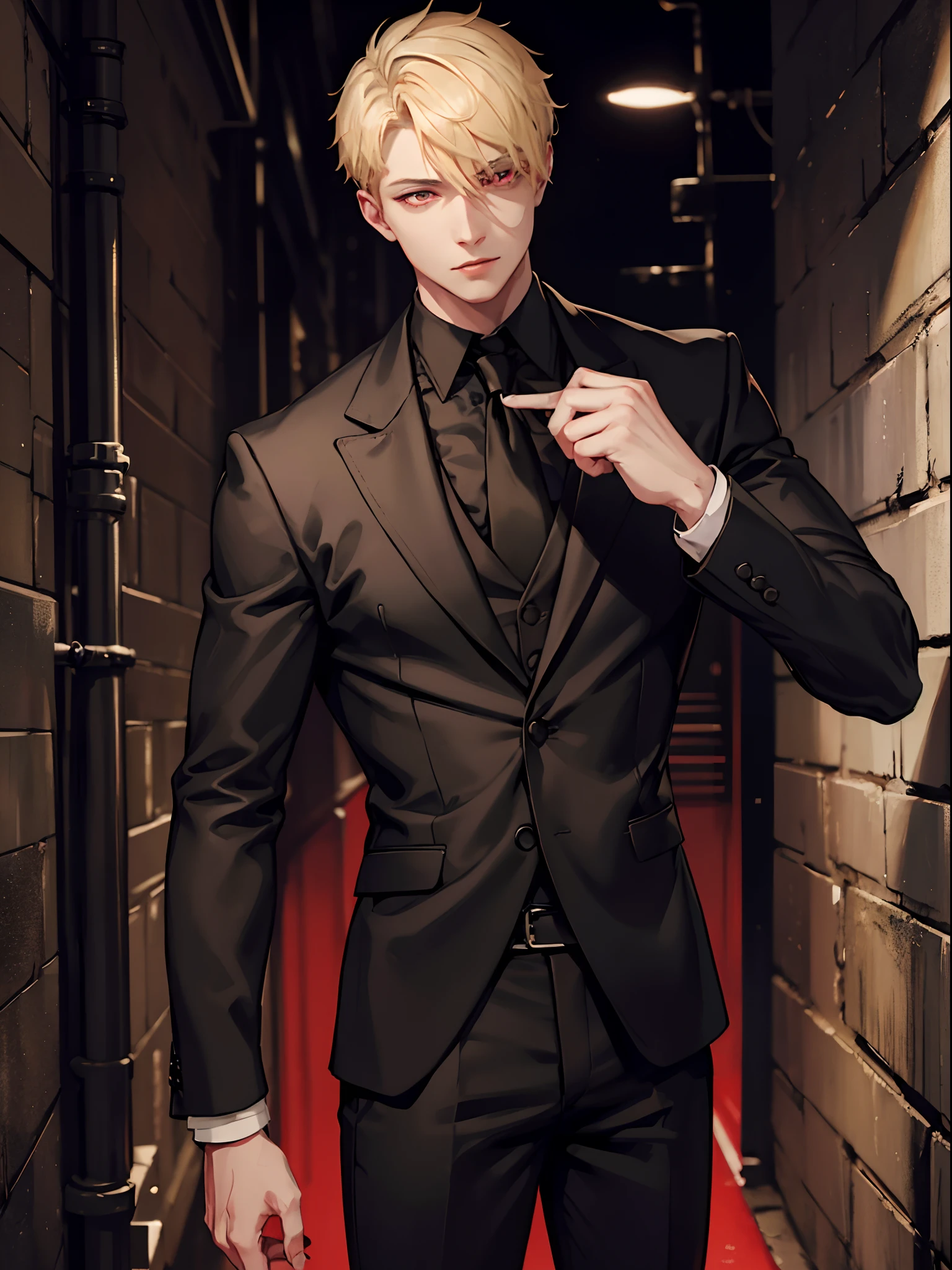 1 male, blonde short hair, red eyes, wearing black suit, black tie, long black pants, cold eyes, cruel, sadism, smoking, low camera angle, looking down at viewer, handsome, outdoors, dark alley background (masterpiece, best quality, beautiful detailed eyes, detailed face)