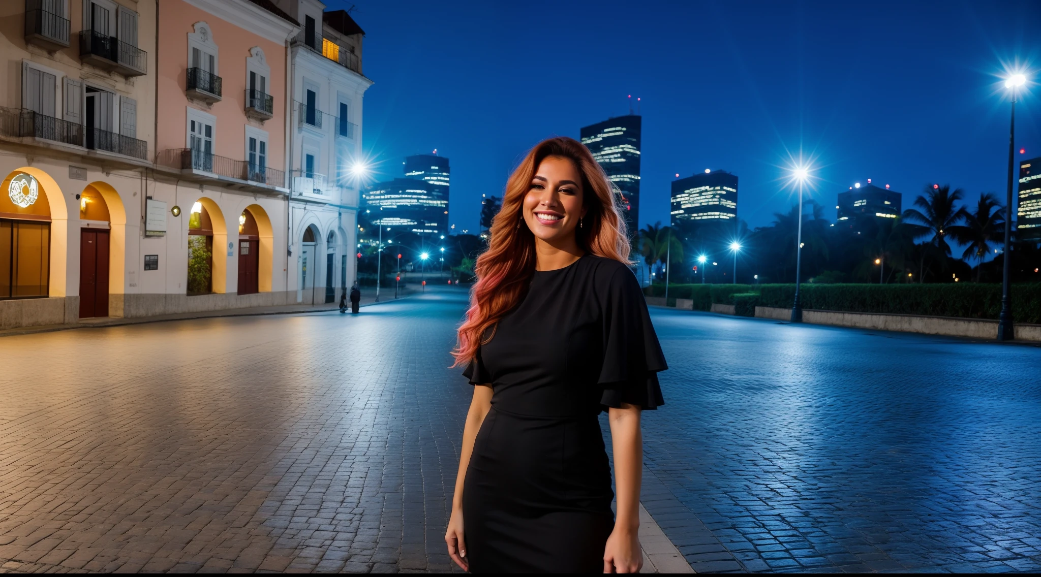 There is a woman standing in a town square at night, mulher jovem de cabelos vermelhos alaranjados, longos cabelos ruivos brilhantes, Cidade em segundo plano, cidade em segundo plano, cabelos vermelhos alaranjados brilhantes, fotografia tirada na hora azul, foto profissional bem iluminada, mulher com cabelo vermelho alaranjado, com longos cabelos ruivos, hero pose colorful city lighting, Cidade noturna ao fundo, mulher ruiva, urbano em segundo plano, rosto perfeito, um pouco de desfoque no fundo, adicione peitos grandes, aumente o decote do vestido, sorrindo,