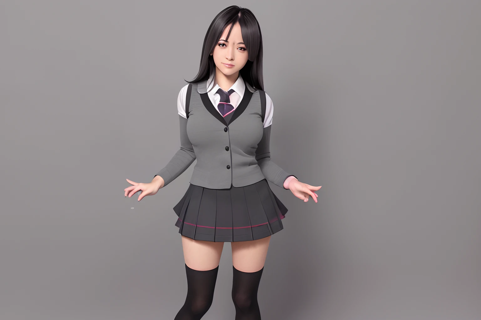 (4k ,ultra detailed:1.2),(anime:1),illustration,(photorealistic:1),
(standing),(full_body:1.2),
(teasing,smirk,smug:1.2),
(simple background,gray background:1.5),
(schoolgirl_uniform:1.3),
(supermodel:1.4),(wide_hips:1),(flat_chest:1),(gigantic_breasts:1),(cleavage:1),
(black hair),
breast_expansion