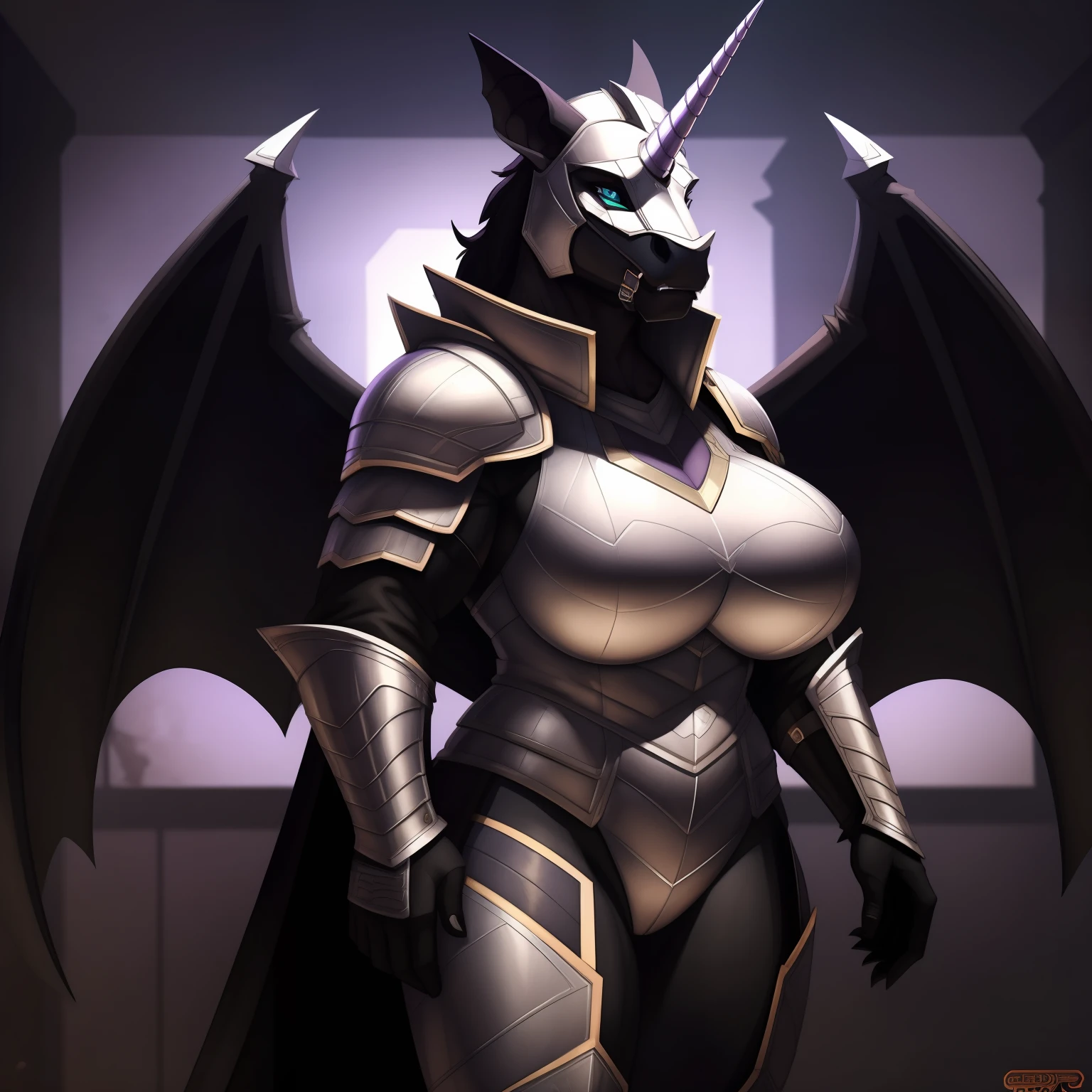 muscular_mature_unicorn_with_black_horn female dark_purple_mane black_furry_body teal_eyes slit_pupils solo Masterpiece best_quality absurdres highly_detailed heavy_silver_plate_armor silver_helmet robe cleanly_drawn_eyes fangs bat_wings purple_eyeshadow horse_snout anthro_only large_breasts by_claweddrip, by_greasymojo, by_underscore-b, by_runawaystride