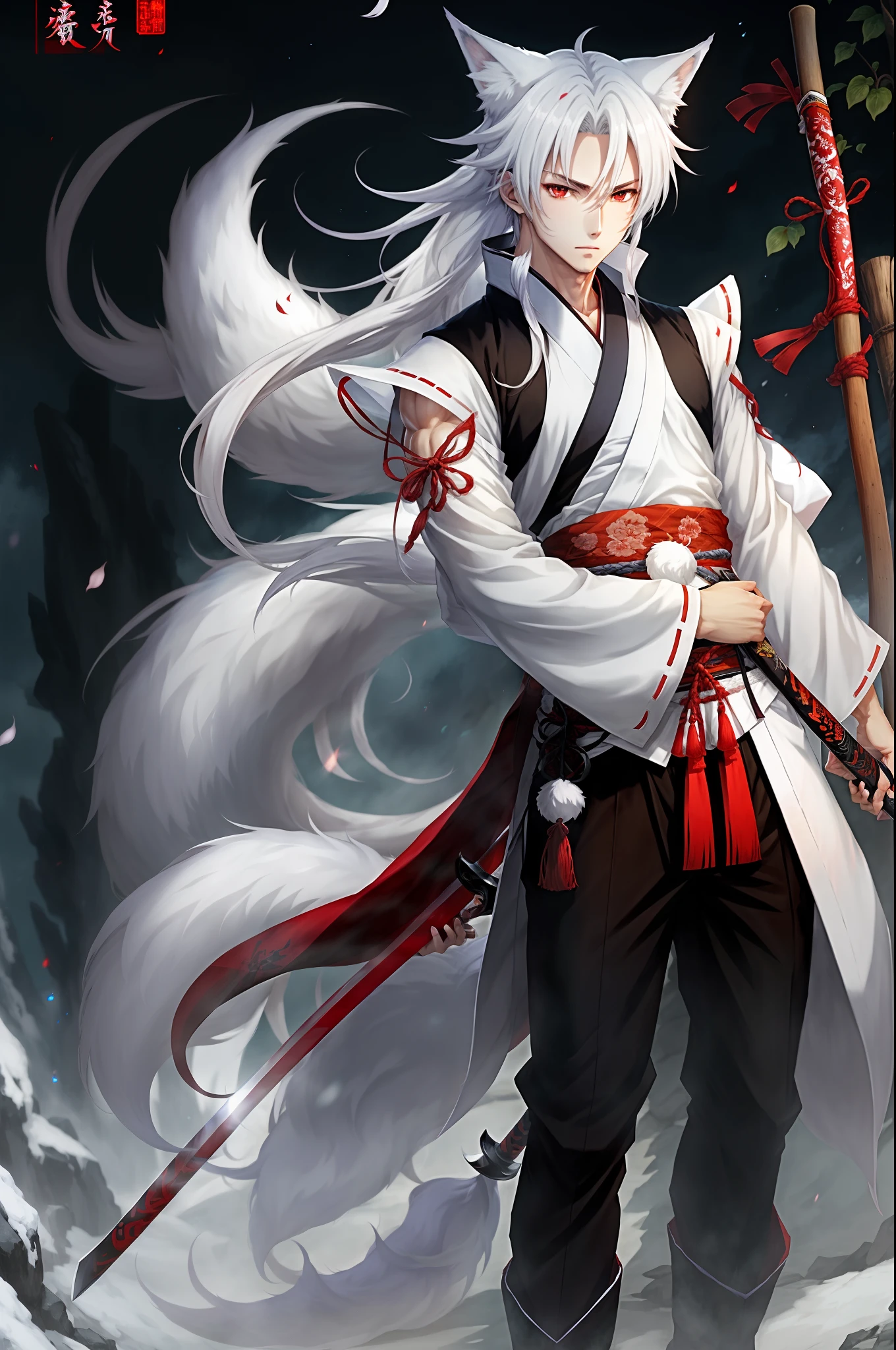 Anime male fullbody, white long hair, red eyes, tall, teen, white fox humanoid, modern hanfu, nine tail, white katana
