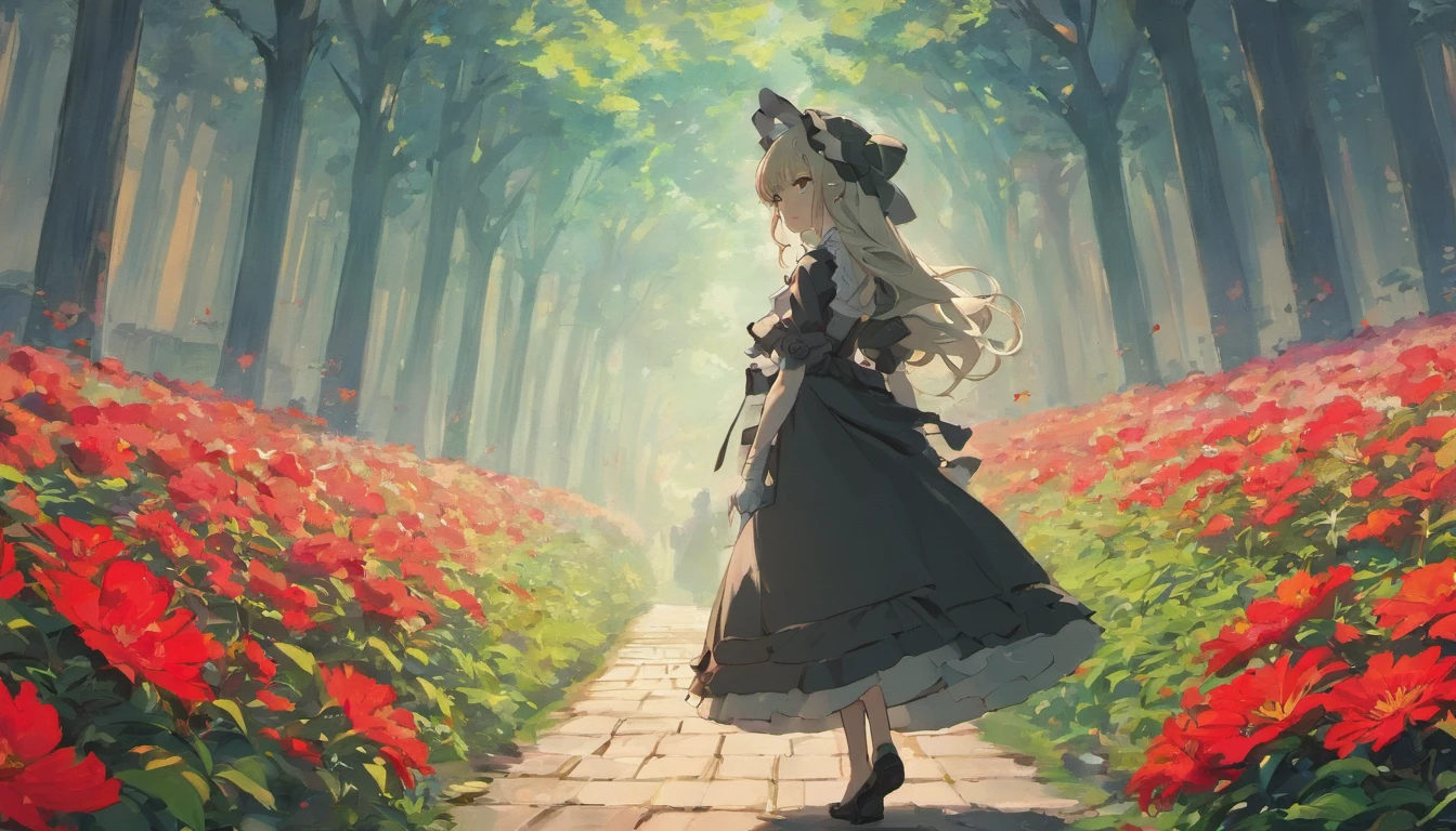 A maid dressed in a black and white Gothic maid costume walks down the path，She was surrounded by a sea of red flowers，She held an umbrella，Back shadow，It shows visual impact，It makes people feel hopeless and lonely，The sky was filled with gray mist，Two-dimensional style