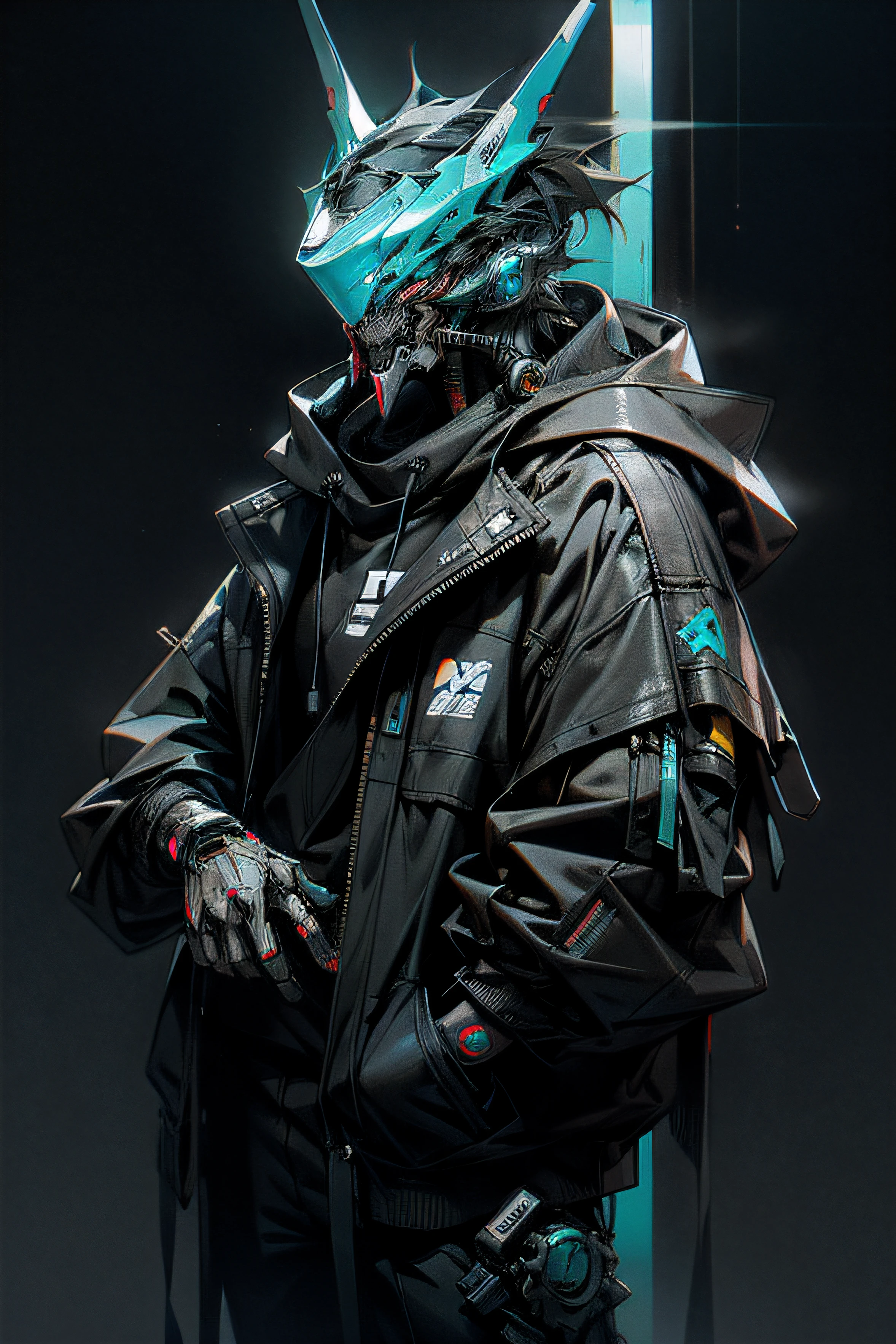 There was a boy wearing a mask and a black hoodie,With a knife in his hand, Hyper-realistic cyberpunk style,Digital cyberpunk anime style,cyan colors