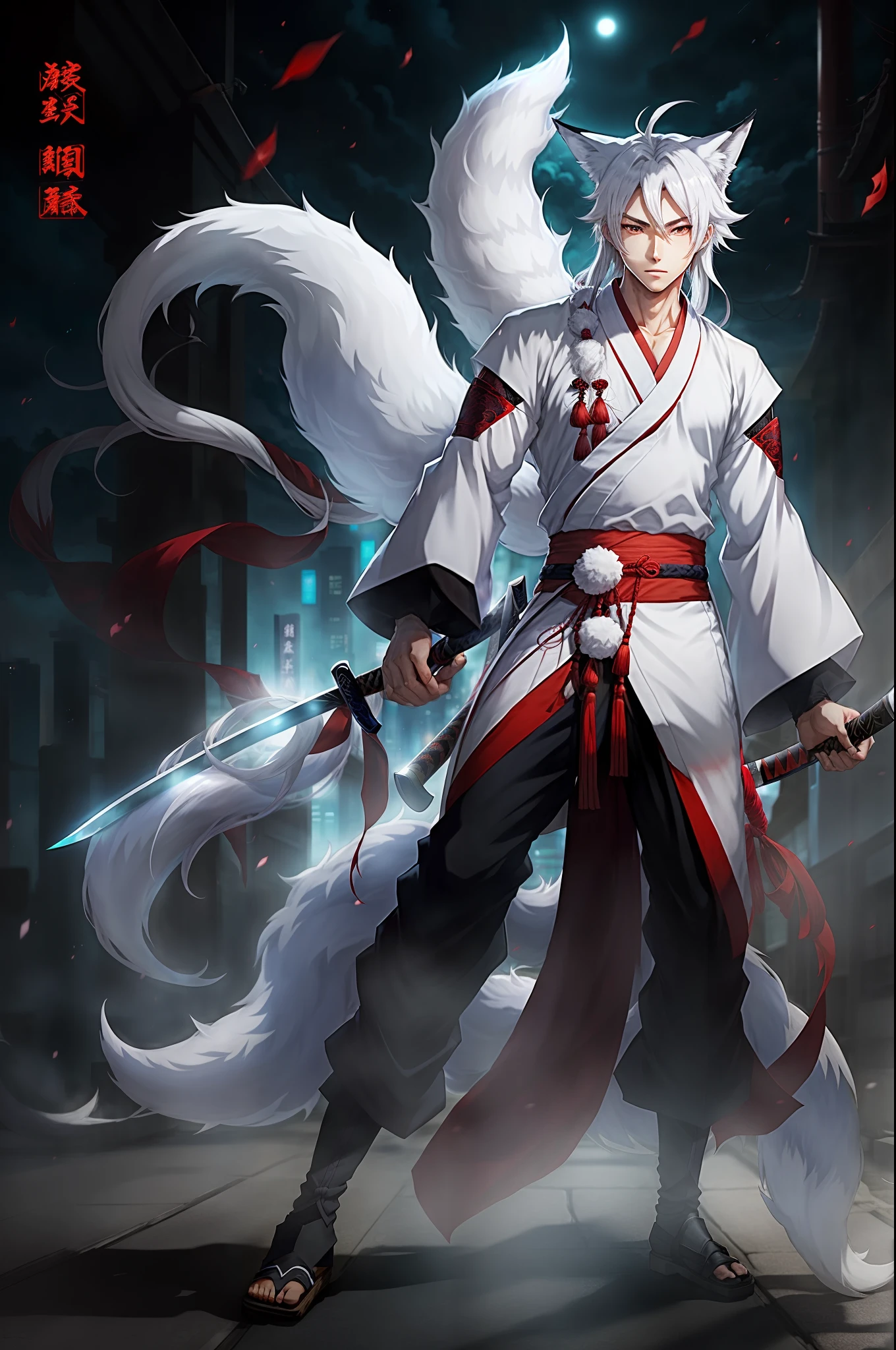 Anime male fullbody, white long hair, red eyes, tall, , white fox humanoid, modern hanfu, nine tail, white katana