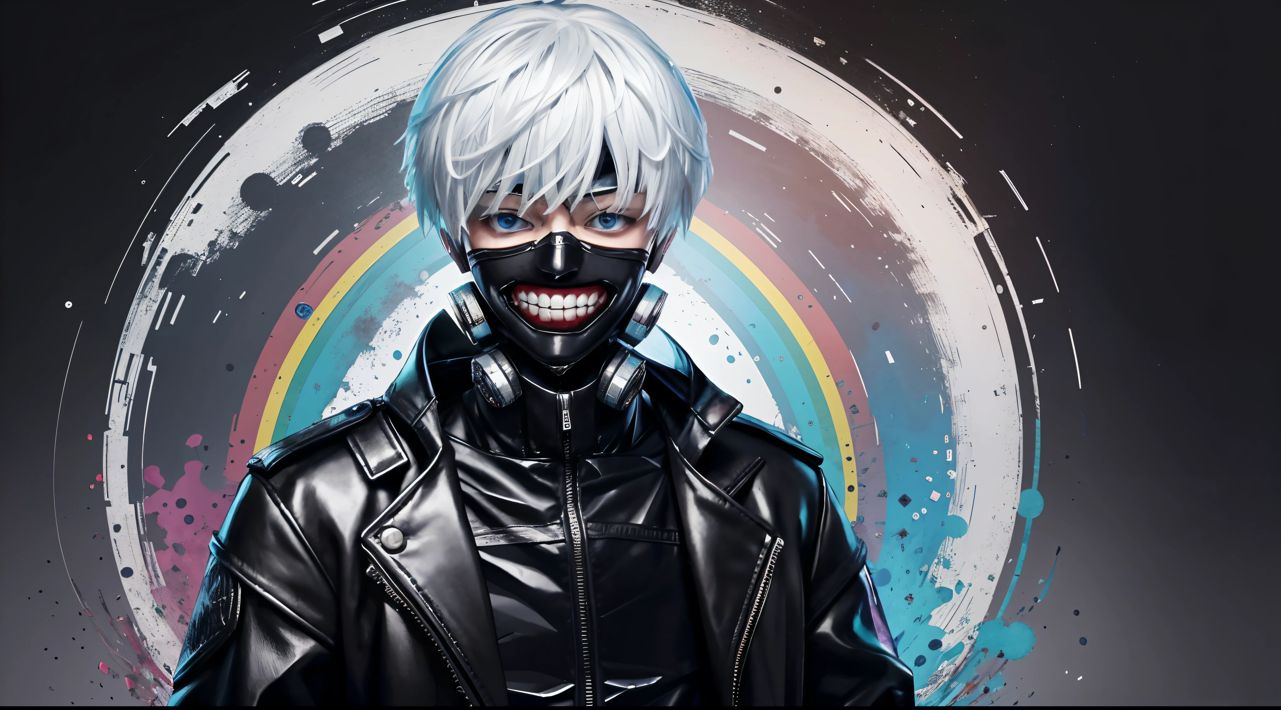 "cool 20 year old kaneki ken is a true masterpiece with masculine beauty, perfect anatomy. Olpntng style, colorful rainbow, wearing a black leather jacket, mask revealing a very menacing smile , clean design, epic Instagram, artstation, full of paint splashes, circles, outlines When you look at his beautiful Eyes you will clearly see every little detail and perfect line, every detail The details on the skin are beautiful in 8K quality. Be fascinated by the confidence radiating from every look. His head has white hair and his face is drawn meticulously in every detail in 8K image quality."