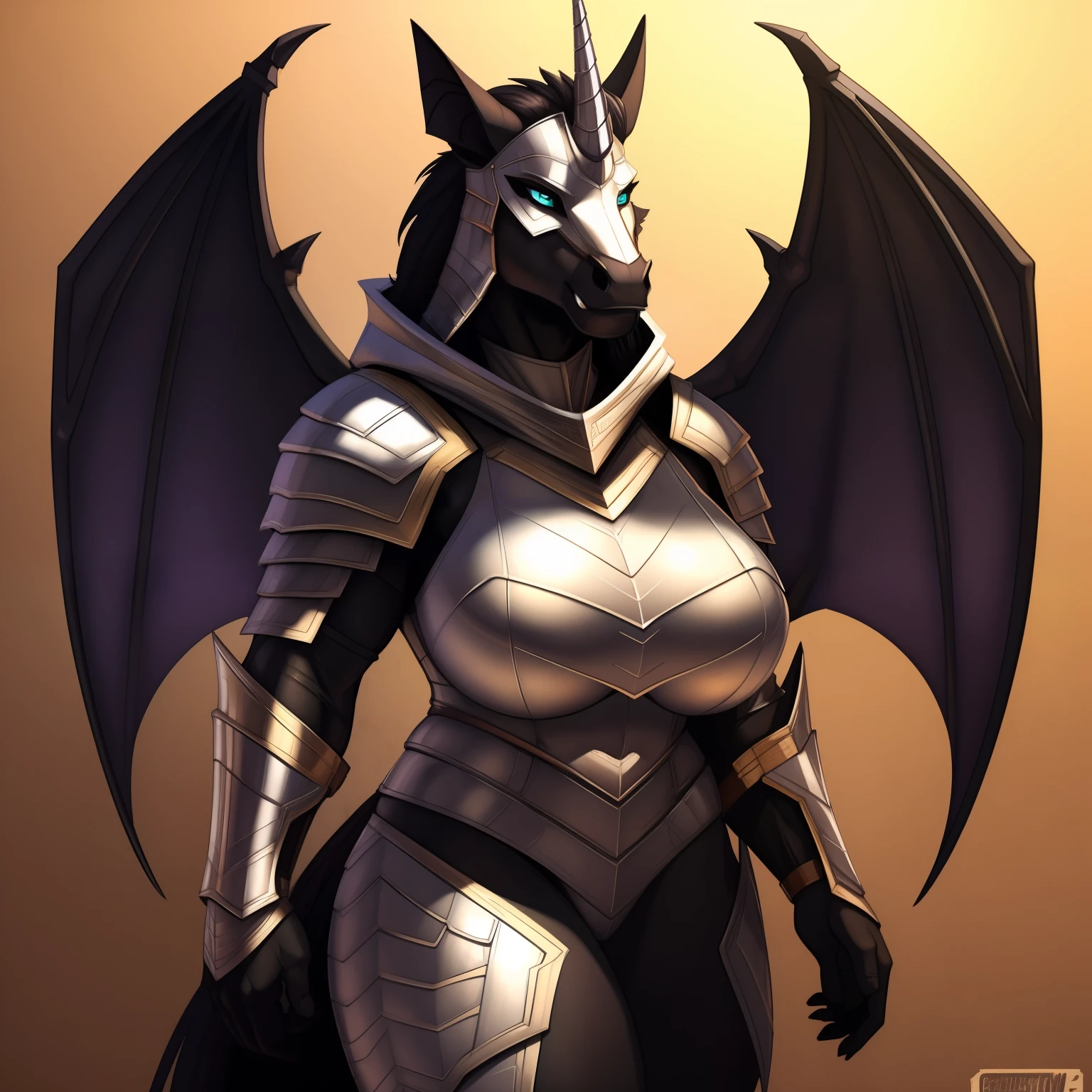 muscular_mature_unicorn_with_black_horn female dark_purple_mane black_furry_body teal_eyes slit_pupils solo Masterpiece best_quality absurdres highly_detailed heavy_silver_plate_armor silver_helmet robes cleanly_drawn_eyes fangs bat_wings purple_eyeshadow horse_snout anthro_only large_breasts by_claweddrip, by_greasymojo, by_underscore-b, by_runawaystride