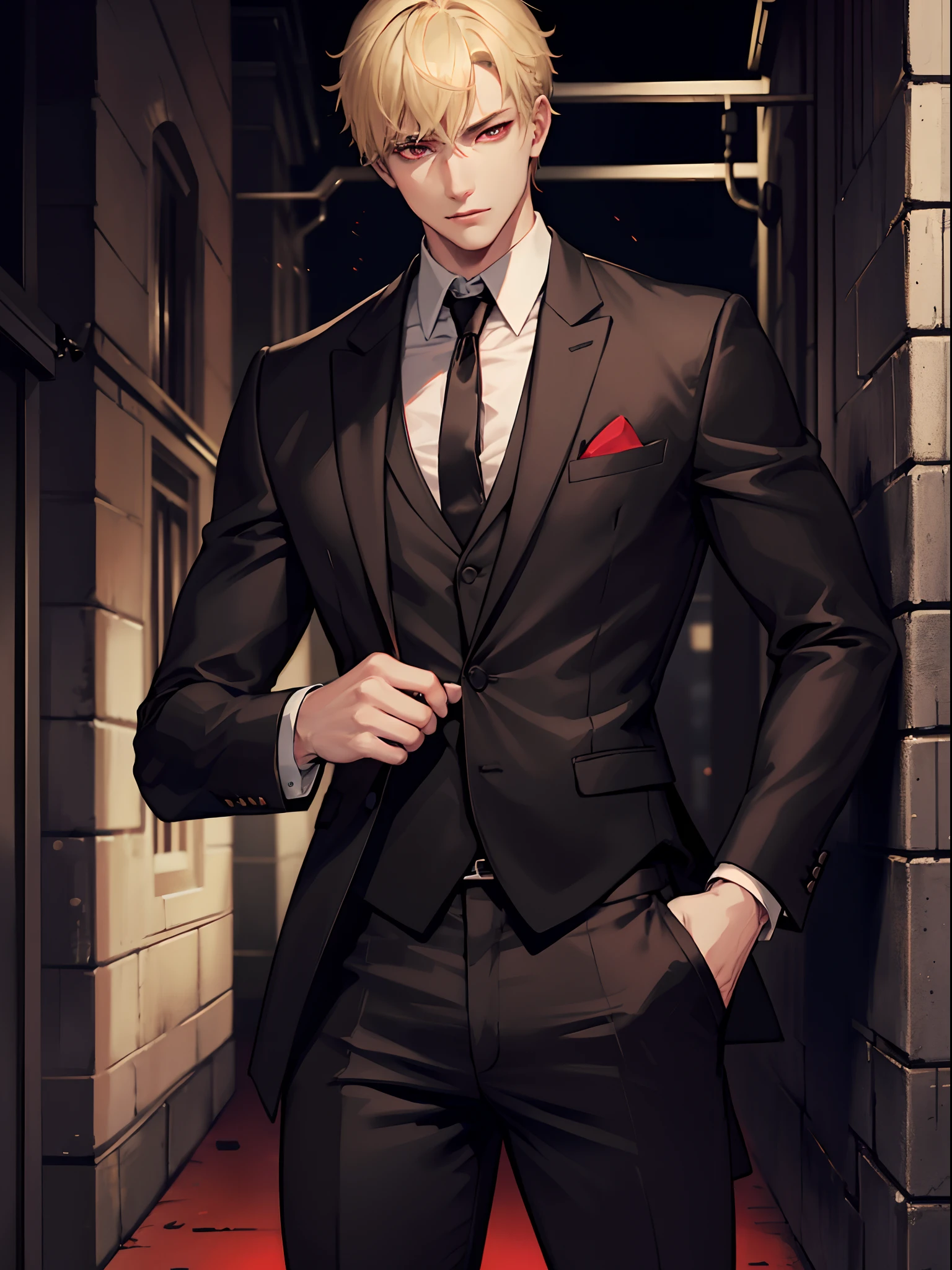 1 male, blonde short hair, red eyes, wearing black suit, black tie, long black pants, cold eyes, cruel, sadism, smoking, dominant, possessive, looking down at viewer, handsome, outdoors, dark alley background (masterpiece, best quality, beautiful detailed eyes, detailed face)