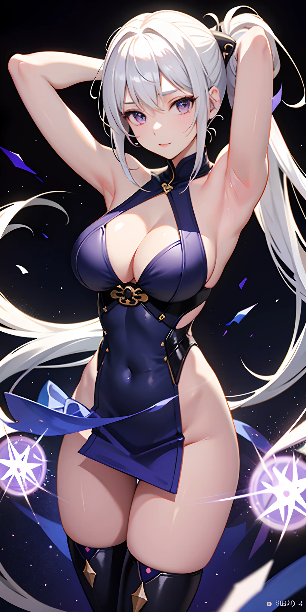 1girll, Japanese clothes, pony tails ,White hair, Purple eyes, Magical Circle, bluefire, blue flame, the wallpaper, landscape, Blood, blood spatter, Depth of field, Night, Light particles, Light rays, side-lighting, Thighs, fate \(Open clothes, naked upper body, breast enhancement, cleavage cutting, folding, breast enhancement, nudity, sexy, , , hands behind head, brown eyes, furry
