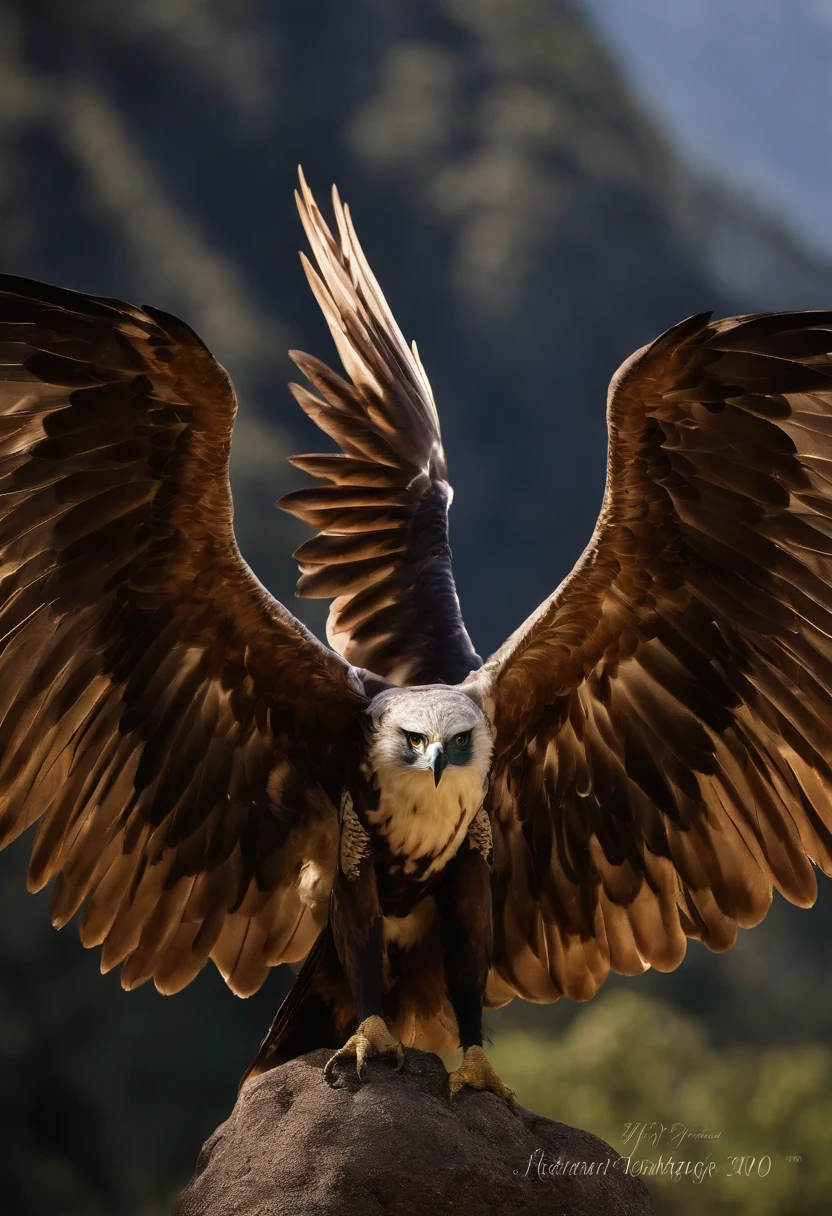 harpia, A legendary figure that combines human characteristics with characteristics of birds of prey. His body is slender and muscular, semelhante ao de uma mulher, mas com uma pele de tom bronzeado, quase dourado, que parece ter uma textura suave e brilhante, como o bronze polido. Ela tem uma postura majestosa e altiva, highlighting your divine heritage.
The harpy's wings are its most striking and impressive feature. They're huge, with a wingspan that extends for several meters, Filling the entire field of view. The feathers of the wings are long and iridescent, exibindo uma variedade de cores deslumbrantes quando refletem a luz. Predominantemente, its feathers are a deep, dark blue, mas apresentam nuances de verde, purple and even a touch of red at the ends.
The wing feathers are exceptionally detailed, cada uma delas possui uma textura suave e uma leve curvatura nas extremidades, creating an aerodynamic effect. They are so well crafted that they seem capable of creating smooth drafts when moved. As extremidades das asas terminam em garras afiadas, resembling the claws of a large bird of prey, prontas para agarrar e rasgar.
The harpy's face is beautiful and mysterious, with delicate human traits, but with eyes that seem to hold ancient and deep secrets. She has long, flowing hair that mixes shades of brown and black, adding a wild and dramatic touch to your appearance. The mouth is slightly ajar;, revealing sharp teeth and a tongue that suggests she's about to let out a terrifying scream or a charming song.
The harpy eagle is in full flight, pairando majestosamente no ar. His human arms extend outwards., holding a spear made of a bronze-like material, decorada com entalhes intrincados. This image creates a sense of power and grace, while the mythological creature seems ready to protect or challenge those who cross its path.