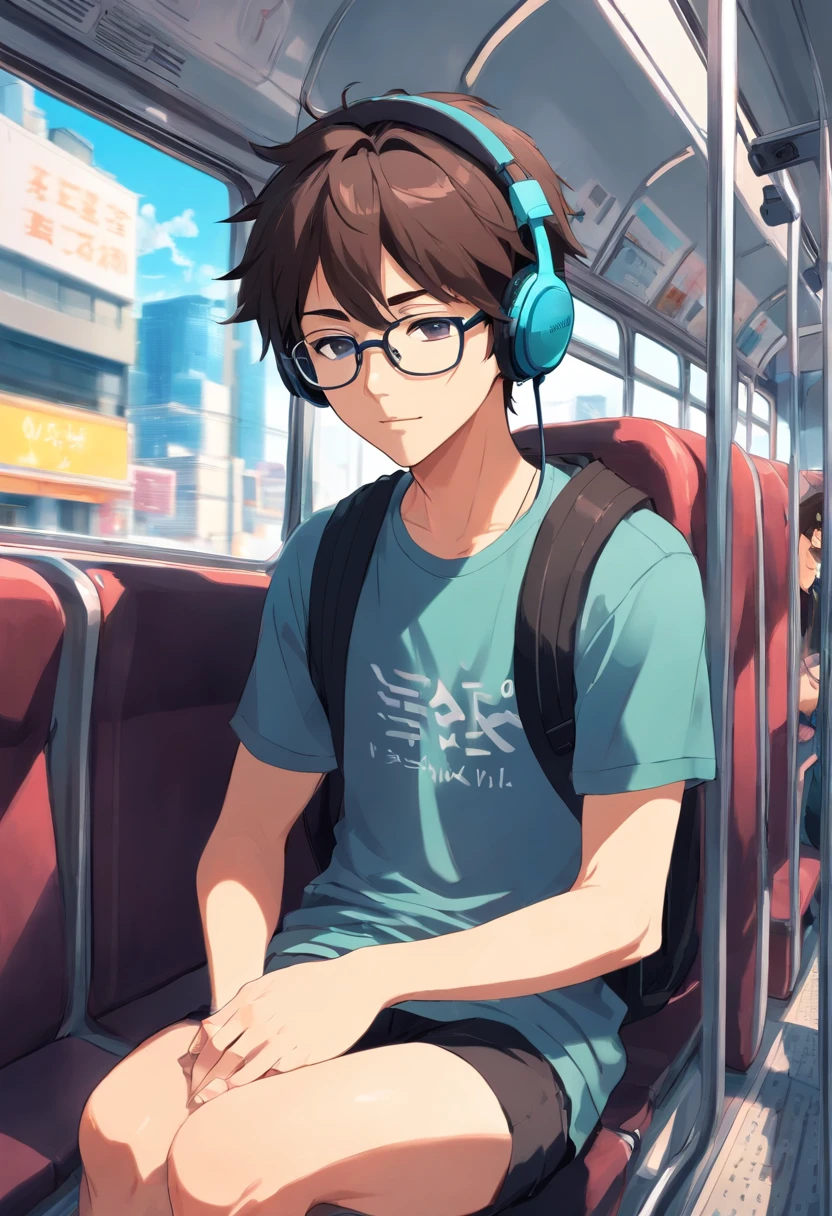 homem com cabelo preto, wearing glasses and headphones, sitting on the bus, virado para a frente, Vestindo camiseta branca