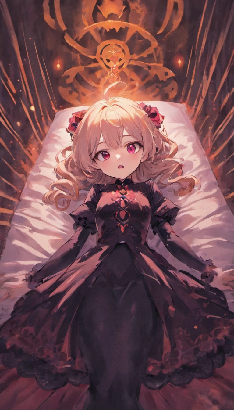 A girl lying in bed,Wearing a black gothic maxi dress,Complex patterns,white color hair,red color eyes,Staring angrily at the screen