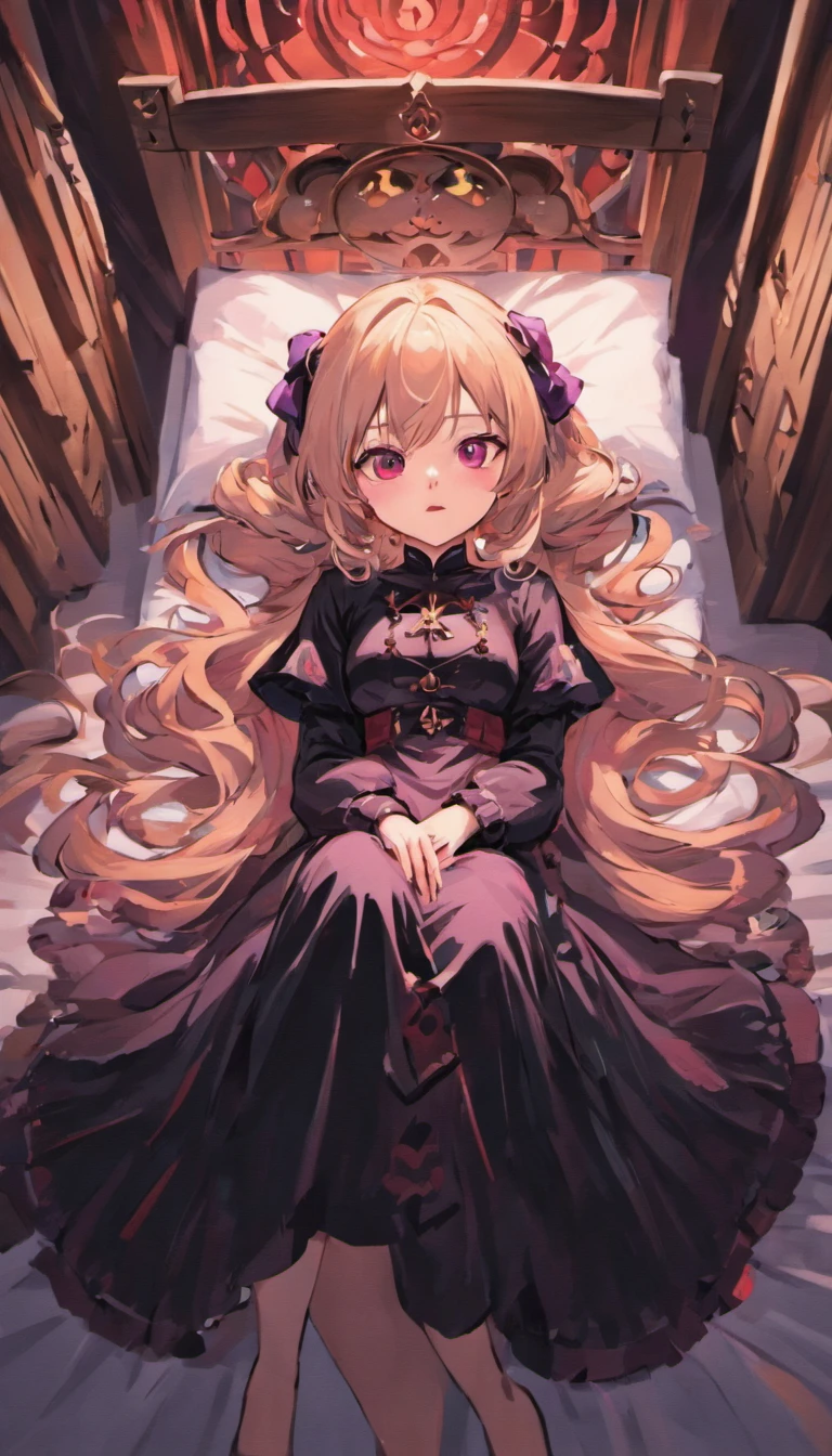 A girl lying in bed,Wearing a black gothic maxi dress,Complex patterns,white color hair,red color eyes,Staring angrily at the screen
