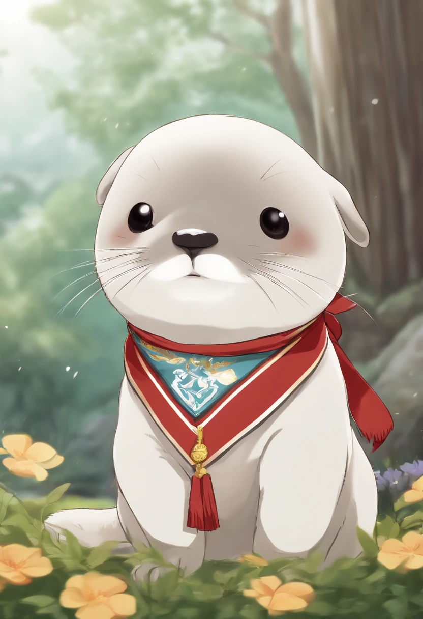 a cartoon seal with a bandana around its neck, concept art by Kishi Ganku, pixiv, shin hanga, ivan seal, shirabii, safebooru anime image, yuruyuri, the seal of fortune, official art, marin kitagawa fanart, awwwww, shuushuu anime image, gelbooru anime image, official illustration