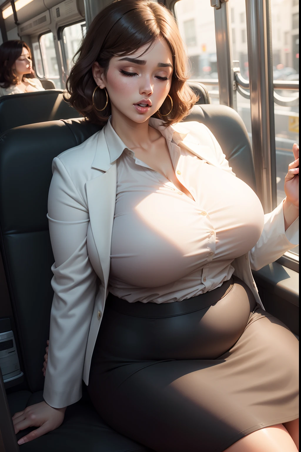 1 beautiful woman, adult, large body, voluptuous woman, brown hair, short hair, hairstyle, glossy lips, hoop earrings, eyeliner, eyelid makeup, button down blouse, white blouse, black blazer, black formal skirt, sleeping sitting on the bus, mouth open, eyes closed.