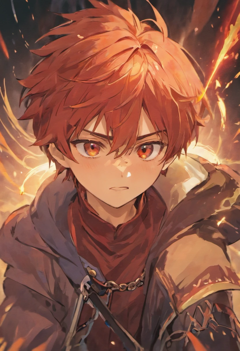 1male, adult, shaggy red hair, brown eyes, sharp eyes, magic swordsman, adventurer style