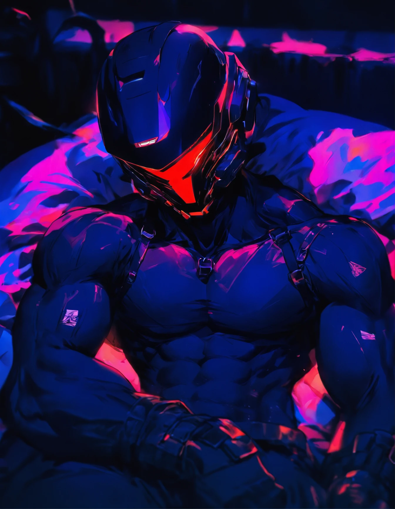 1male, black tactical outfit, lying on a bed, resting, bare torso, bare male chest, muscular male, black modern helmet, closed face, NSFW, erotic, ecchi