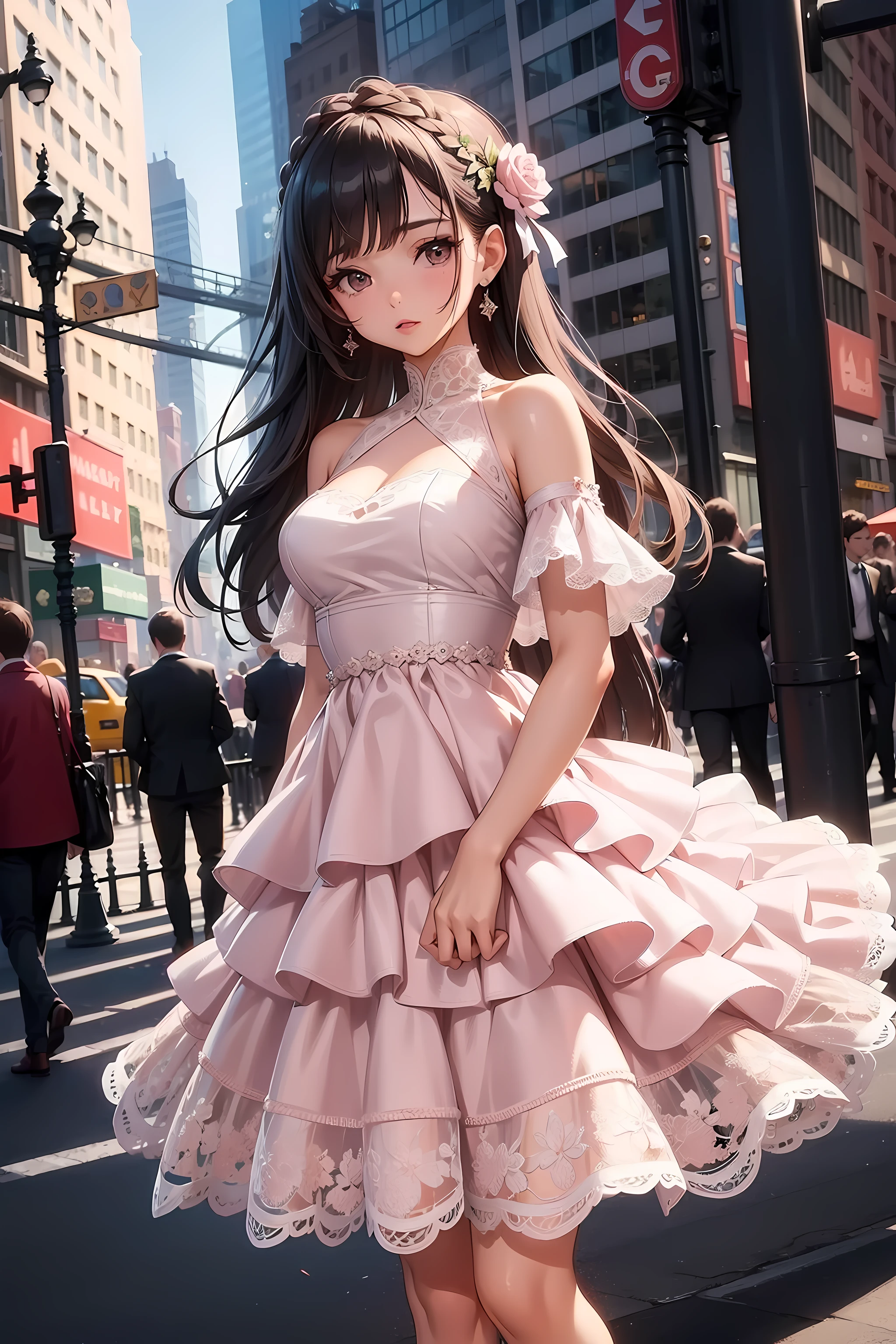 (((Masterpiece))), a top influencer woman, top quality, super detailed, cute and spunky, Luxury style, fair skin, long layered hair, baby pink underwired cut out lace dress, New York background