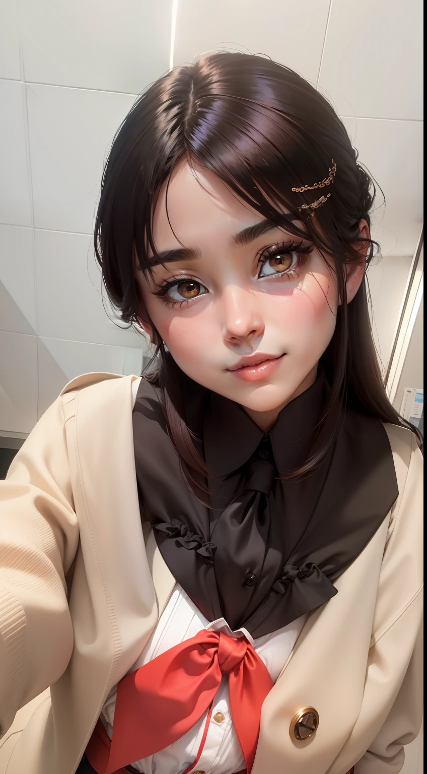 masterpiece, best quality, ultra-detailed, illustration, epic lighting, cinematic composition, isometric, 1girl, solo, cute, brown eyes, black hair, swept bangs, single sidelock, red hairclip, white collared shirt, black necktie, black pants, formal, enchanting gaze, captivating pose, indoors, office, door, opening door, looking at viewer, peeking out upper body, blush, seductive smile, closed mouth,(8k:1.1),