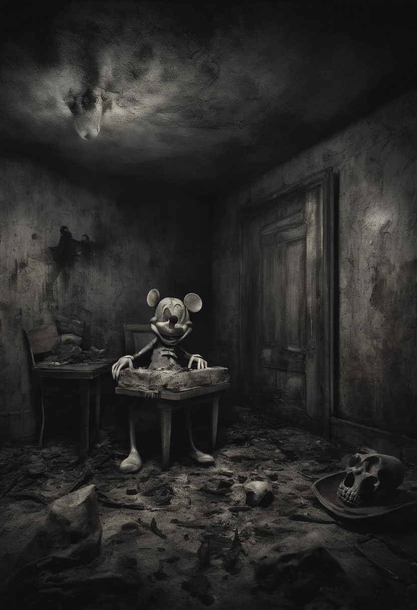 Mickey Mouse is a serial killer, location his cellar, it is filled with attributes to perform surgery, big pile of corpses, blood on every wall. Explicit, scary, nasty. High detailw photo realism. High res