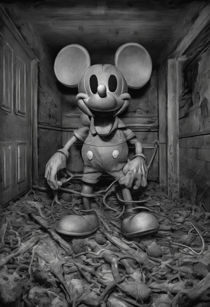 Mickey Mouse is a serial killer, location his cellar, it is filled with attributes to perform surgery, big pile of corpses, blood on every wall. Explicit, scary, nasty. High detailw photo realism. High res