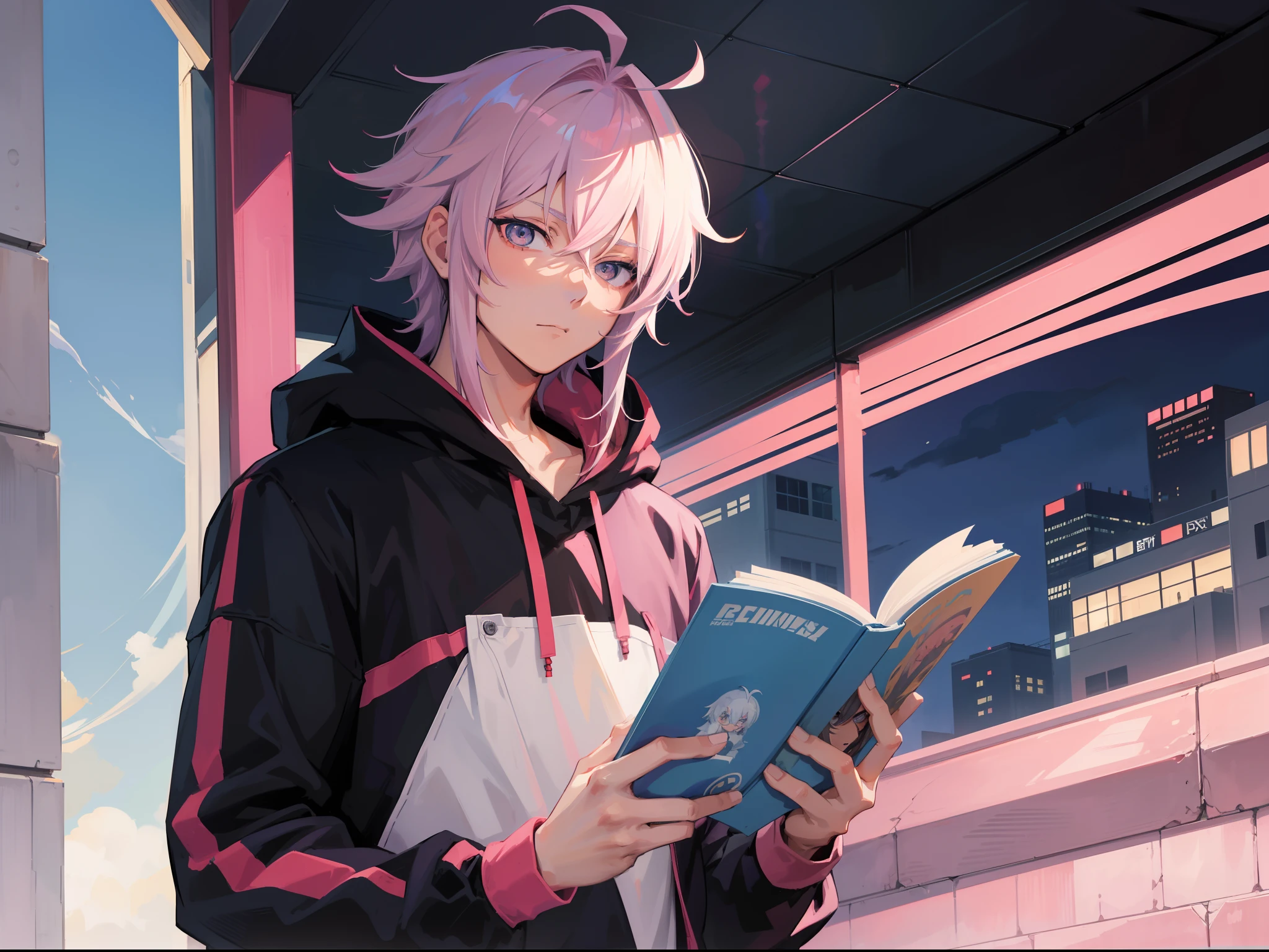 anime guy in hoodie , reading, anime handsome man, anime boy, male anime character, handsome anime pose, male anime style, tall anime guy with grey eyes, anime portrait of a handsome man, he has light pink hairs, as hair color, with medium hairs and diffrent hairstyle NO girl,gay,trans