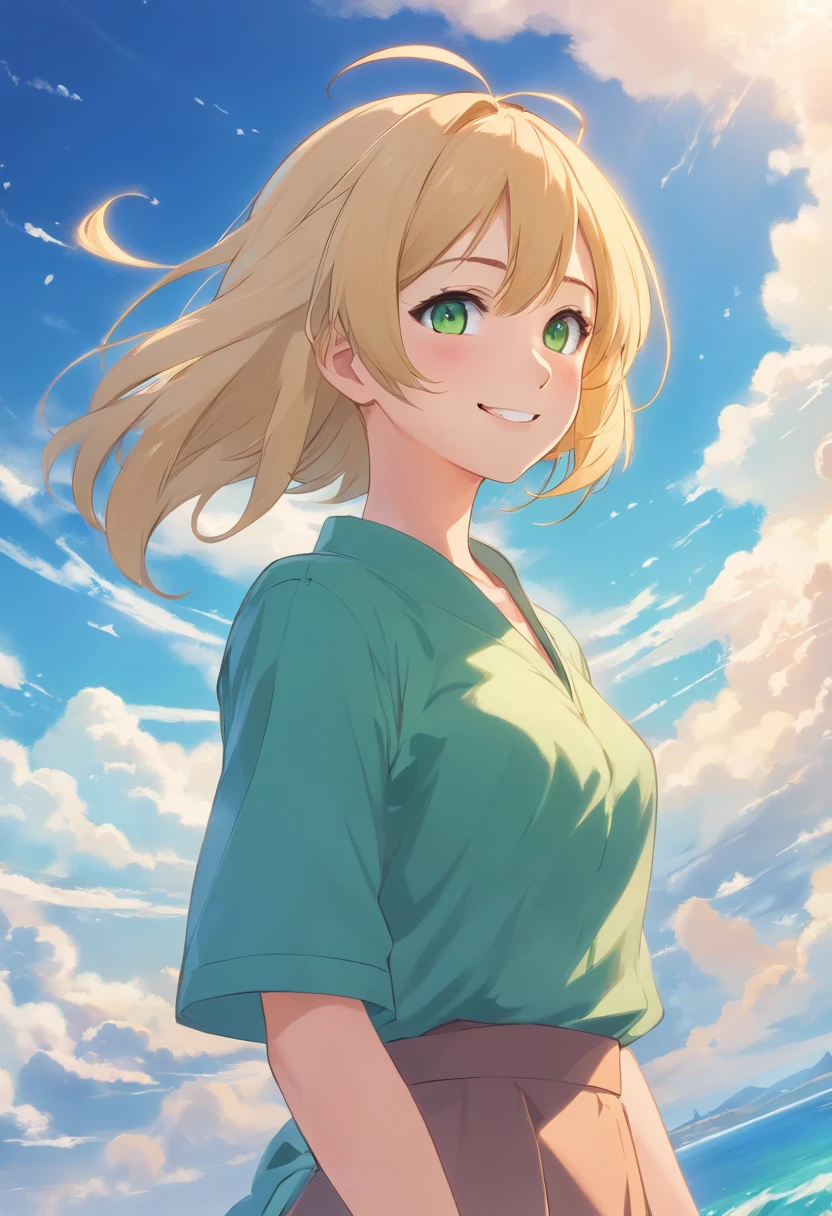 1womanl, Adult, a blond, Green eyes, Twin-tailed, Medium straight hair, Smile, Knightly style, Blue sky, white clouds