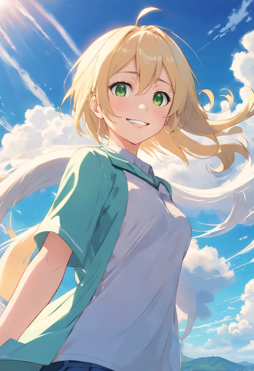 1womanl, Adult, a blond, Green eyes, Twin-tailed, Medium straight hair, Smile, Knightly style, Blue sky, white clouds