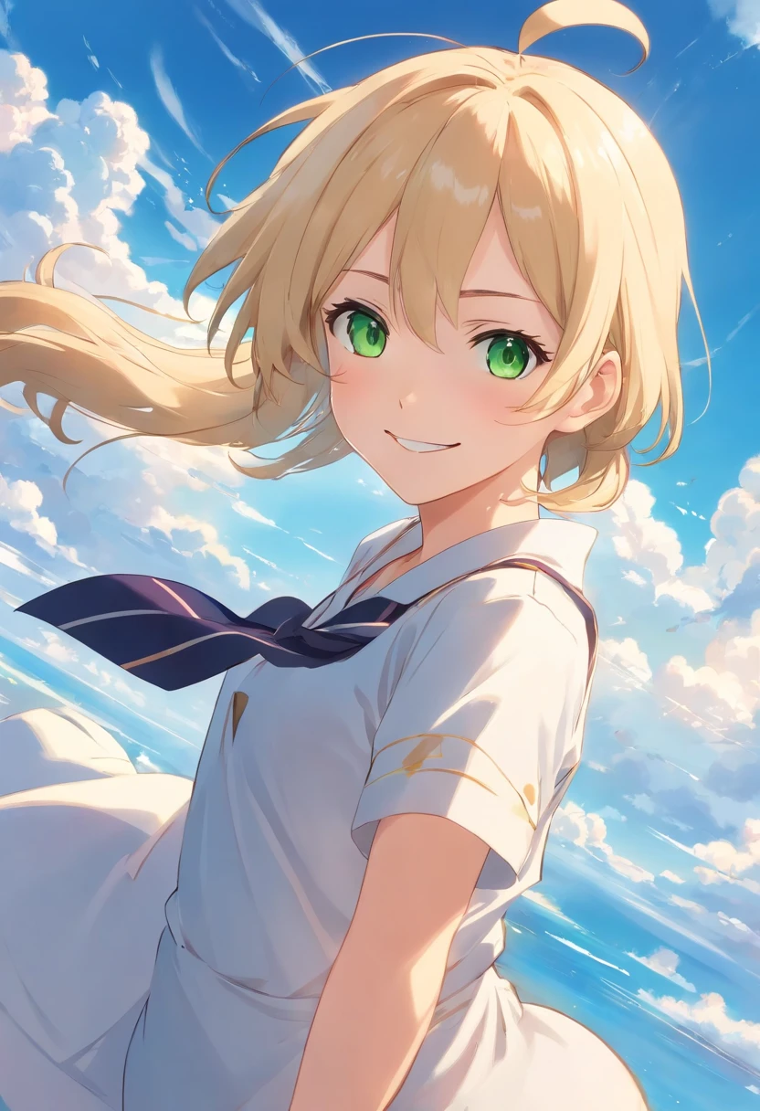 1womanl, Adult, a blond, Green eyes, Twin-tailed, Medium straight hair, Smile, Knightly style, Blue sky, white clouds