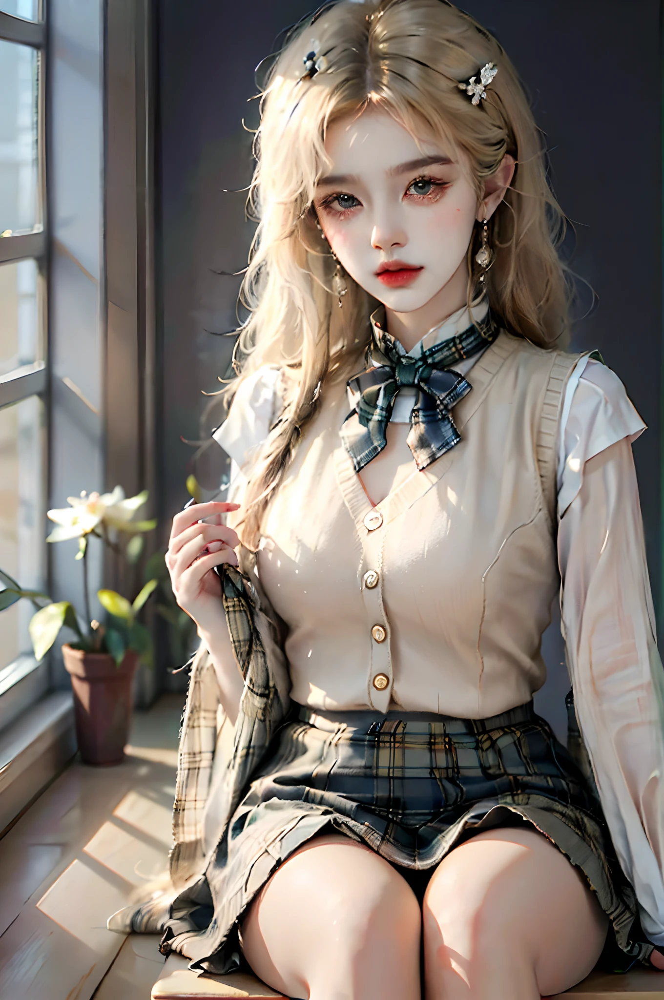 ((full body)), ((Parallel perspective)), ((realistic)), (Front Shooting), 1girl, Asian model, slim, curlies, coiffed blonde hair, ((The shirt, Vest sweater, neck bowtie，Collar flowers, White pleated skirt)), Campus style, ‎Classroom, sitting on the classroom desk, (warm lights, a warm color palette), Detailed details, ultra-detailliert, (tmasterpiece, best qualtiy), (An extremely delicate and beautiful work), Delicate earrings, Simple blurred background, Extreme detail description, Ultra-fine painting, Delicate face, slim toned body