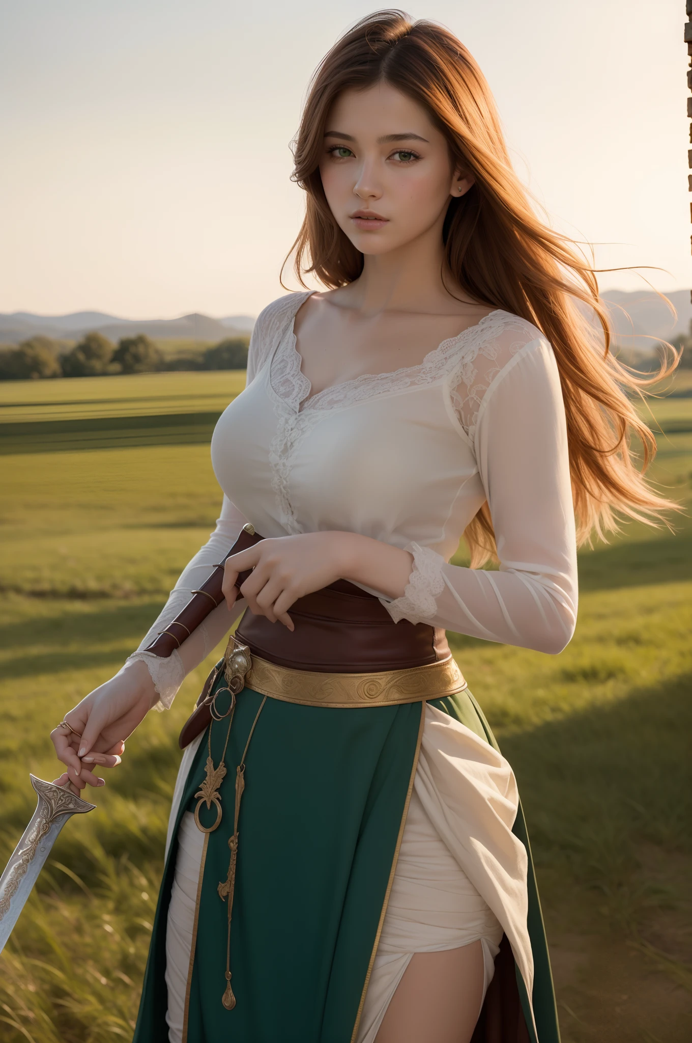 ((Masterpiece, Portrait, Detailed, Realistic, Medieval)) Woman with old ragged clothes and skirt, holding sword, beautiful, detailed, outdoor, dramatically posing as sword man, confident, sexy and beautiful, Medieval, Golden hair color, green lighting, sunlight, Country Side green field back ground, detailed background