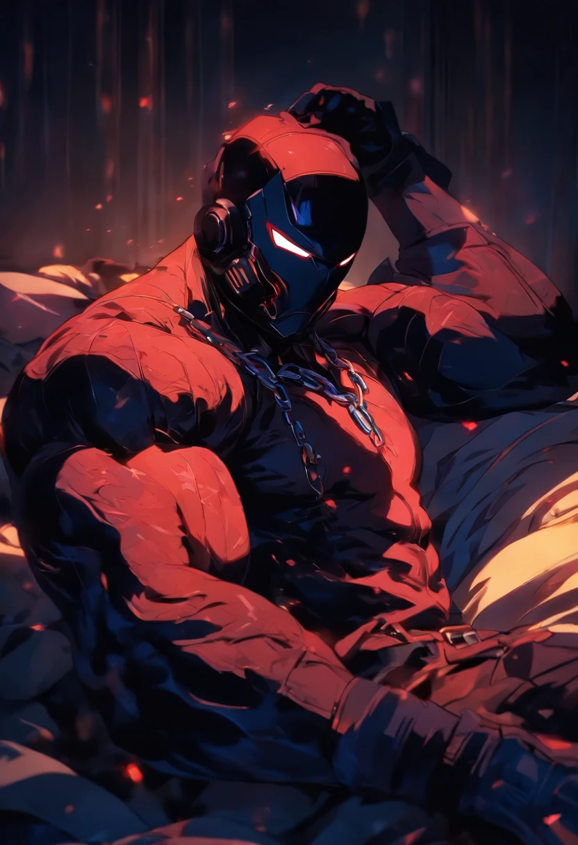 (a muscular man:1.1) lying on a bed, (resting,relaxing:1.2), wearing a (black tactical outfit:1.1). His (torso is bare:1.1) with the (outfit unbuttoned:1.1), exposing his (well-defined chest:1.1). He is wearing a (black modern helmet:1.1) with a (closed face:1.1), adding a sense of mystery. The atmosphere is (erotic:1.1) and (NSFW:1.1), with an element of (ecchi:1.1). The (bedroom:1.1) is dimly lit, creating an (intimate:1.1) and (sensual:1.1) ambiance. The lighting highlights the (shadows:1.1) and (contours:1.1) of the man's body, emphasizing his (masculine features:1.1). The color palette is (warm:1.1) and (seductive:1.1), with shades of (deep red:1.1), (dark blue:1.1), and (subtle gold:1.1). The overall composition exudes (sensuality:1.1) and (mystery:1.1), drawing viewers into the captivating scene.