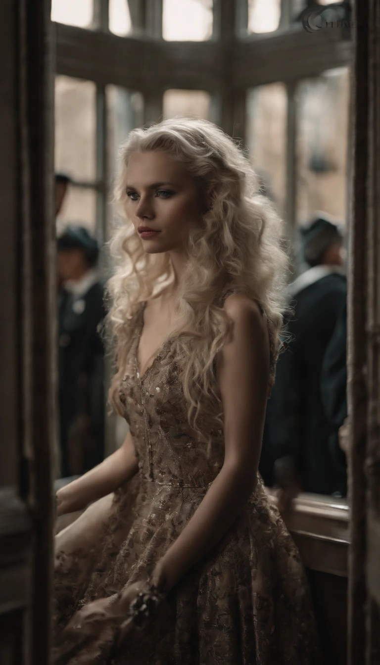 A girl lying on the bed，Wearing a black gothic maxi dress，complex patterns，White color hair，red color eyes，Staring angrily at the screen