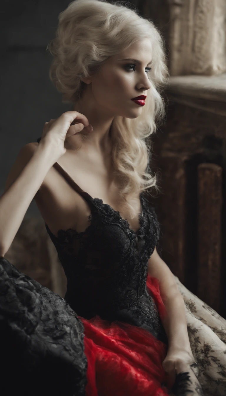 A girl lying on the bed,Wearing a black gothic maxi dress,complex patterns,White color hair,red color eyes,Staring angrily at the screen