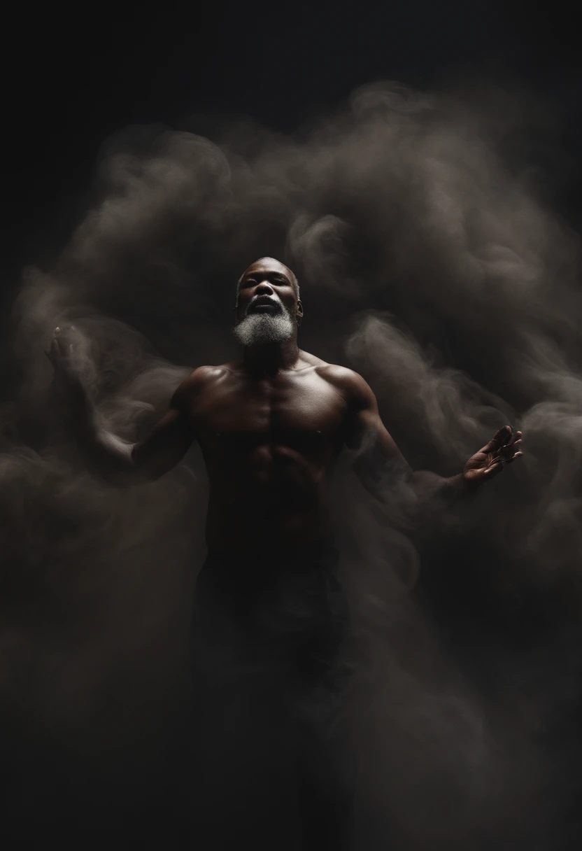 ethereal photo of 2 men, 1 white Irish man, 1 African man, 50 years old, shirtless, emerging from swirling strokes of smoke and vapors, long hair, style of Peter Lindbergh, intricate artwork masterpiece, ominous, golden ratio, trending on cgsociety, intricate, epic, trending on artstation, by artgerm, h. r. giger and beksinski, highly detailed, vibrant, production cinematic character render, ultra high quality model