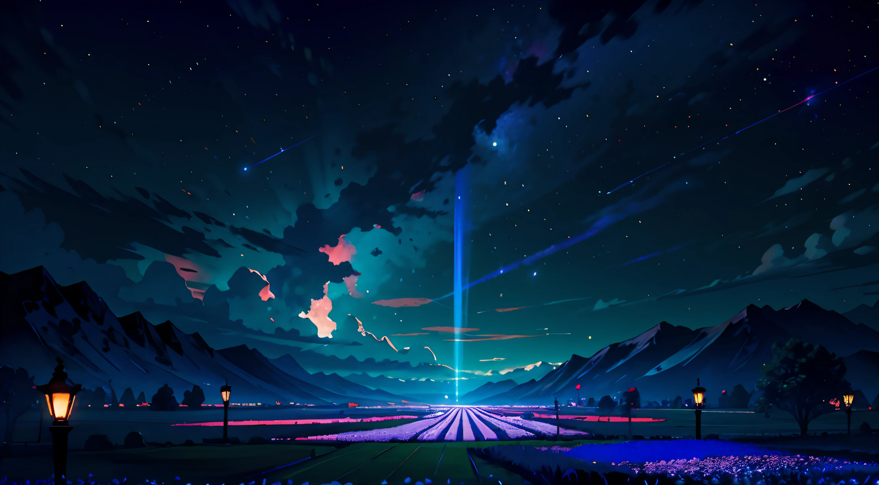Expansive landscape photograph，（look from down，Above is the sky，Below are open fields），A field of flowers，（moon full：1.2），（meteors：0.9），（Starcloud：1.3），（setting sun：0.5），Far Mountain, Tree BREAK making art，（Warm light source：1.2），（glowworm：1.2），lamp lights，Plenty of purple and bright orange，Complicated details，Volumetric lighting BREAK（tmasterpiece：1.2），（best qualtiy），4K，ultra - detailed，（dynamic compositions：1.4），detail-rich，plethora of colors，（Irridescent color：1.2），（with light glowing，Atmospheric lighting），dream magical，magical，（独奏：1.2）